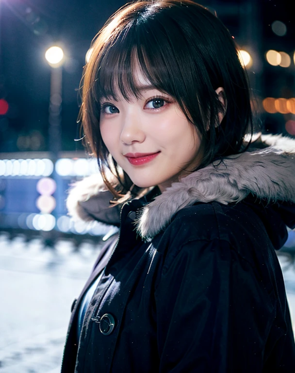 winter、Background lighting、long coat、woman、一人のwoman、night sky、starry sky、short hair、smile、Grown、cool