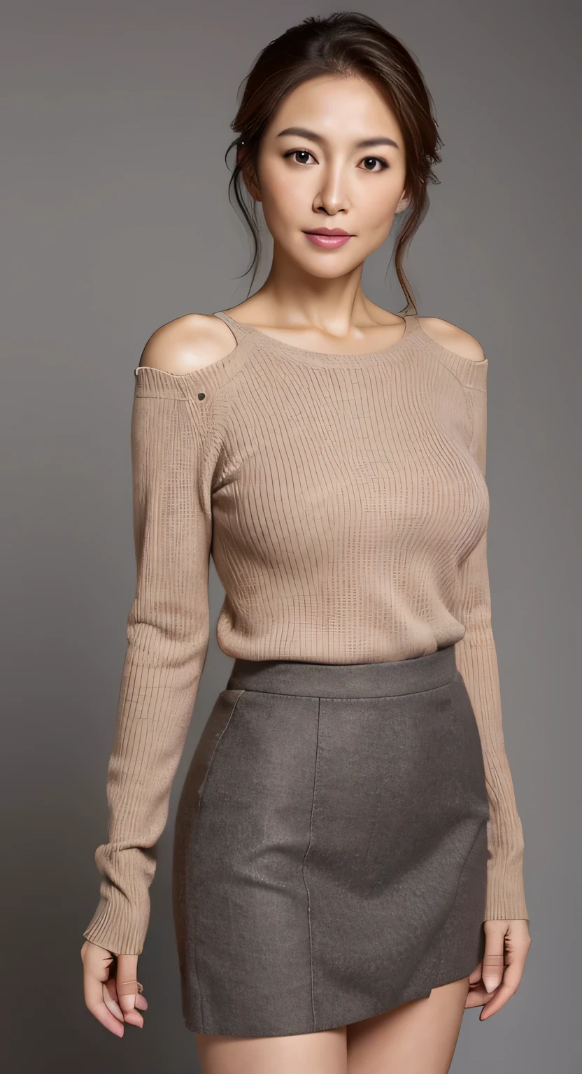 High resolution, High level image quality, high detail, masterpiece, rough skin, anatomically correct, sharp, gray background((japanese mature, 10 years old)), alone, good shape big breasts, Straight light brown hair that reaches to the shoulders, Chubby body type (((stand upright, facing the center of the screen.))), Close your mouth and look straight ahead with a serious face, sweater, skirt, ((cowboy shot)),