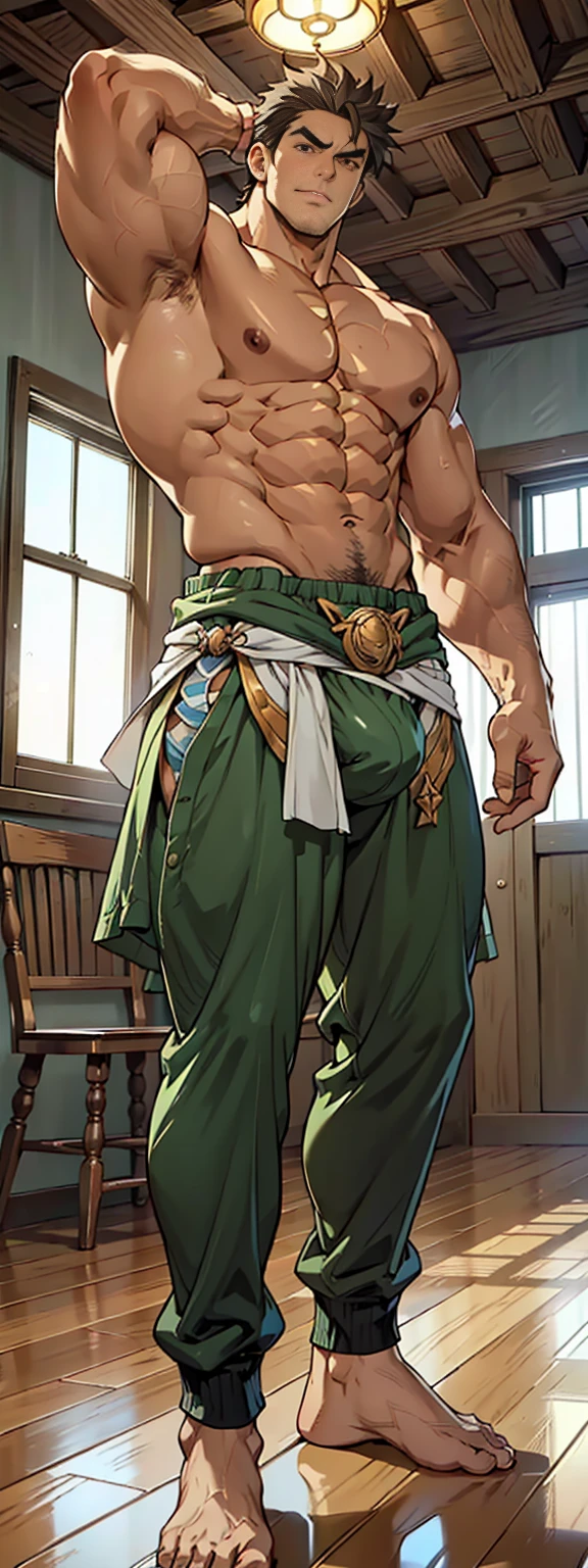 (shoeless),(短裤),show off thick arms to the audience,(green tattoo on thundeardless),(Top-down view),(Side to audience) ,(Put your hands at your waist), (eyes looking at audience) ,(body hair thick),(There a huge protuberance across the part),Side Body,Sense of evil,Sharp eyes,Thick dark brown hair on crotch,closeup of arms,((The camera zooms in)),((The audience blocked by the protagonist in a corner and the perspective slightly lower.)),(A perspective looking up from the protagonist),(crotch),(Shoulders exposed),(Stout arms),Shoulders very broad,Muscles protrude a lot,Bulging crotch,(Long and explosive legtremely tall height),Highest image quality,Child,Anime ,anime wallpaper,Dilation of the pectoral muscles,Espalhe as pernas,sexy,(master part, best quality),((Exaggerated bulge of muscles)),The protagonist very tall and his head almost reaches the ceiling.,The background in an interior with vintage furniture and vintage wooden floor surrounding,Lush woods outside the window,musclebound and hulking, muscular characters, super buff and cool, tall and muscular, muscular!!, very buff, muscular attractive men, massive muscles, big muscle, Muscular men, anime handsome men, muscular!, gigachad muscles, muscular bodies, muscular character,(Giant arm),(macropodia)