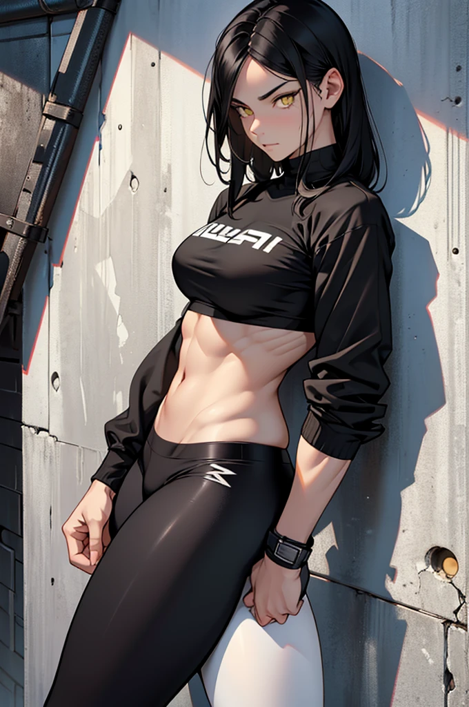 Young girl, short gray hair, gray eyes, high ponytail, cyberpunk, white top, open belly, shorts, furcoat, masterpiece, high quality, SilverWolf