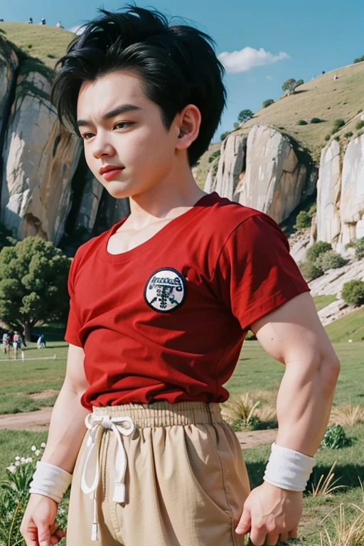 (8k, best quality, masterpiece:1.2), (finely detailed),kuririn, 1boy, black hair, male focus, solo,rocky grassfields,from side,looking at viewer, red t-shirt, white wristband, black eyes, light brown sweatpants, white ribbon, no sclera, medium hair,frown, serious