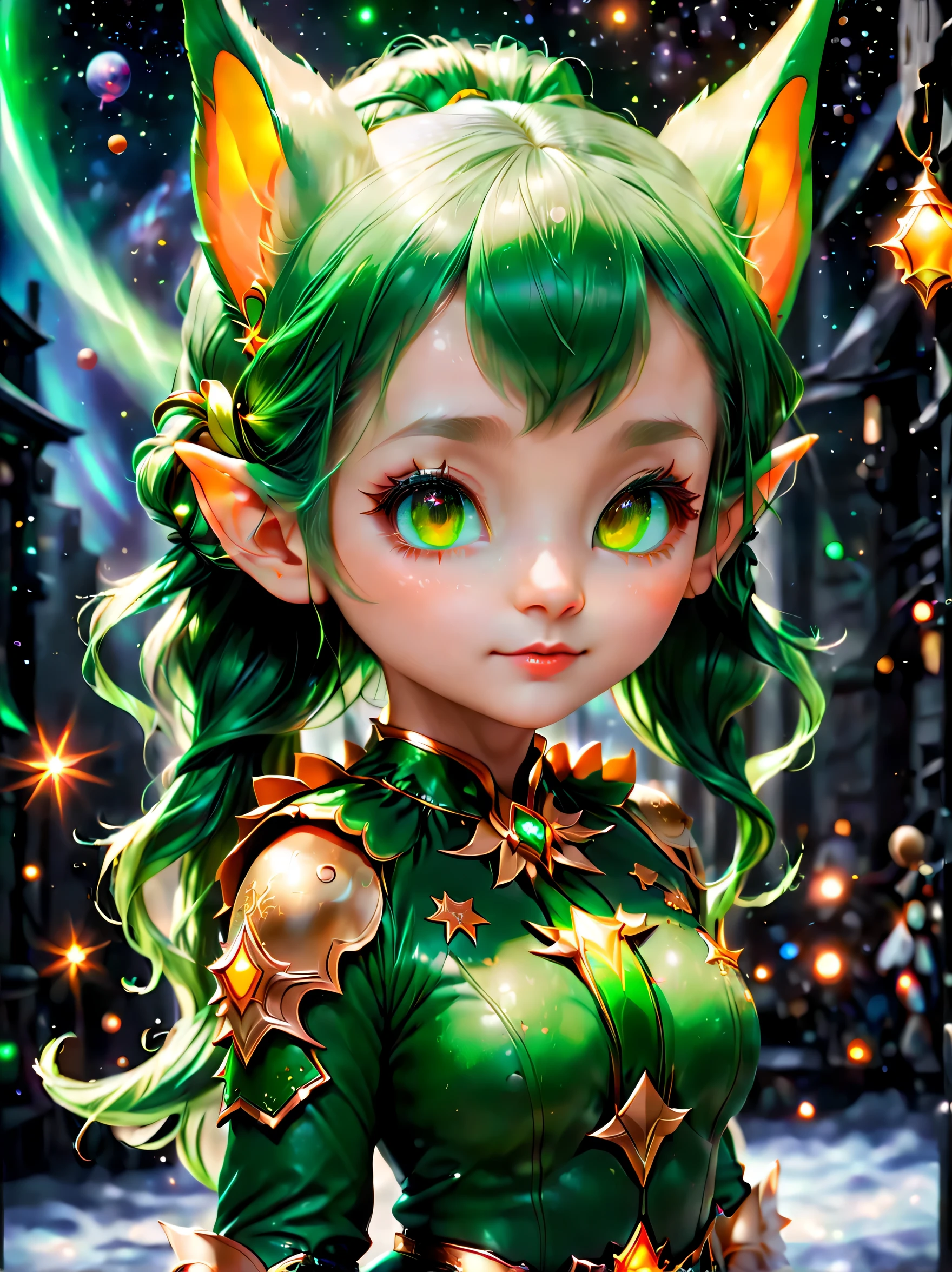 (portrait: 1.8), 3D character rendering，((1 elf girl，Green double ponytail，可爱的Ha ha脸，Pointy ears and charming eyes))，((Hairstyling design：bright dark green，添加一些glowing light的元素头饰，Designs such as orange photoelectric glasses or head-mounted displays：在面部装饰上添加一些glowing light线条或橙色 LED 灯光效果，Ha ha，Ha ha脸，Highlight the image of future elf female warriors))，((starry sky background)), (view, First-person perspective, Boom style color, glowing light, movie lighting, ultra high definition, masterpiece, Acura, anatomically correct, textured skin, Super details, high detail, high quality, Award-winning, best quality, 8k), Bubble Mart Blind Box, ((look directly at the audience))