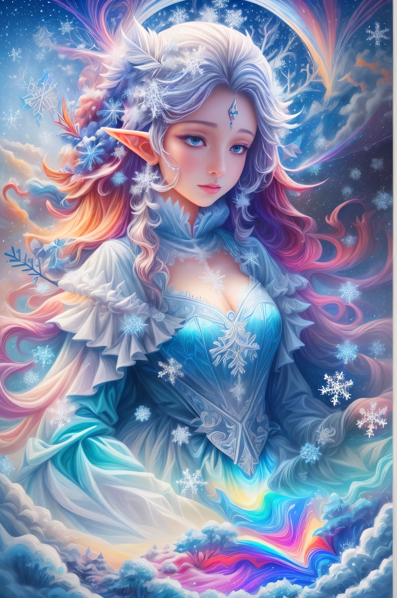 (Female elf stands in front of white snow whirlpool: 1.5),((Her facial features are very beautiful,Pointy ears and charming eyes,Complements flowing hair。The costume she wears combines traditional elf clothing with futuristic technological mechanical elements.:1.ure white snowflakes, Snowy surroundingpectations, depth of field, insight, I got it, Monte, Snow cover, translucent cloud, spectrum, panoramic, snow cycle, crazy, portal, big deal, white light, global snowflake,The sky full of beautiful snowflakes)),充满活力的white light颜色,thick line,Turbulent snowflakes with multiple layers,prospect、Vision、Fractal ThunderDan Mumford,danford and alex gray style,psychedelic surreal art,Surreal psychedelic design,dream art style, trippy art,Infinite white snow psychedelic wave,inspired by Cyril Rolando (Cyril Rolando),Realistic snow ripple structure,Psychedelic snow art style,trippy art,Psychedelic illustration,(alone),(RGB color,Ultra-high saturation)