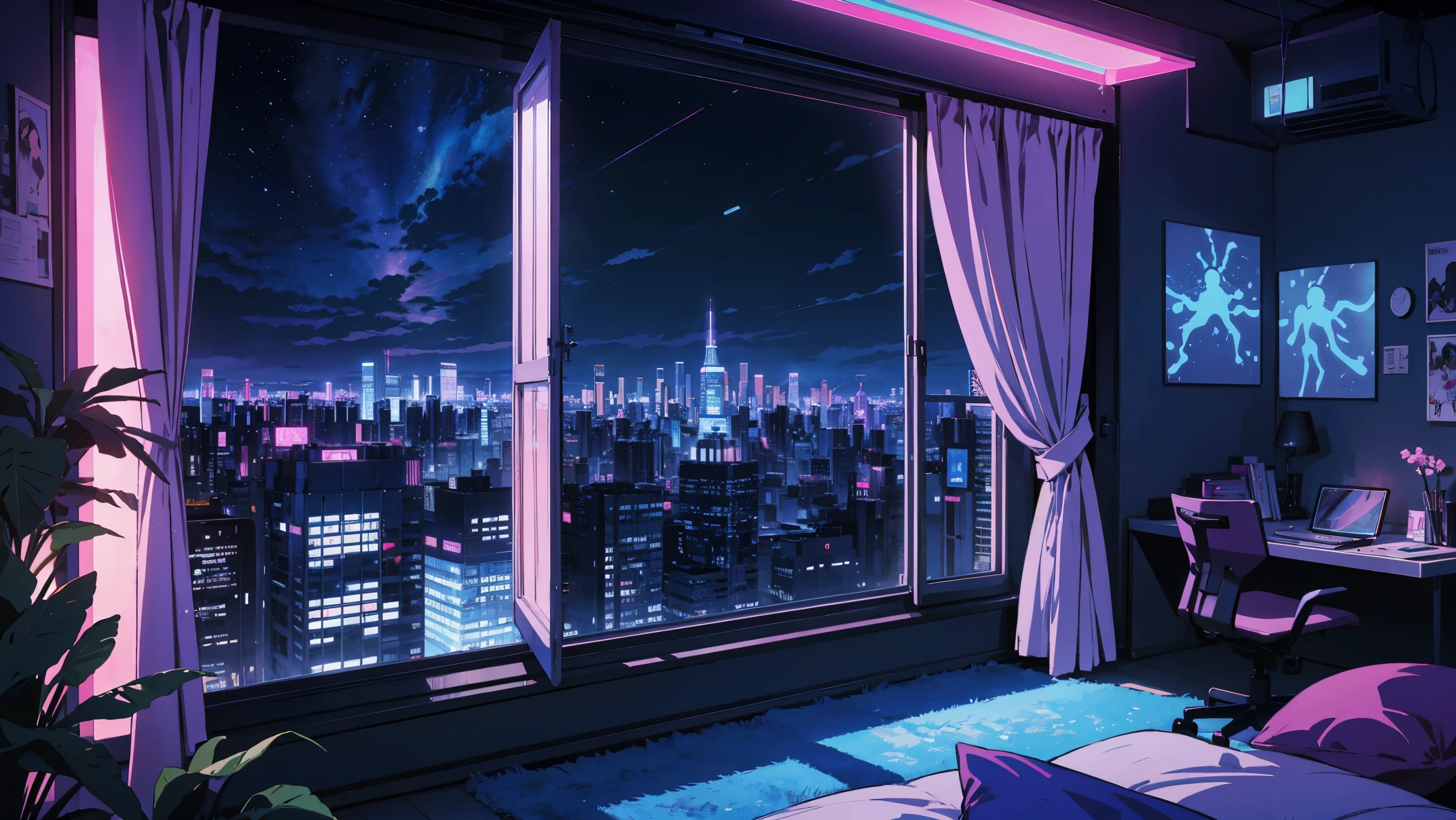 Illustration in cartoon style、Solid Paint、Room with large windows overlooking the city at night、Neon color based on purple, pink, ᆞ blue