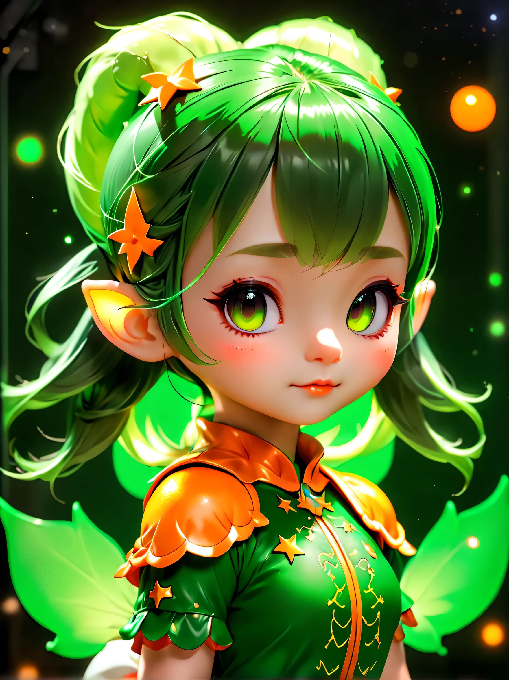 (portrait: 1.8), 3D character rendering,((1 elf girl,Green double ponytail,可爱的Ha ha脸)),((Hairstyling design:bright dark green,添加一些glowing light的元素头饰,Designs such as orange photoelectric glasses or head-mounted displays:在面部装饰上添加一些glowing light线条或橙色 LED 灯光效果,Ha ha,Ha ha脸,Highlight the image of future warriors)),((starry sky background)), (view, First-person perspective, Boom style color, glowing light, movie lighting, ultra high definition, masterpiece, Acura, anatomically correct, textured skin, Super details, high detail, high quality, Award-winning, best quality, 8k), Bubble Mart Blind Box, 3 rendering