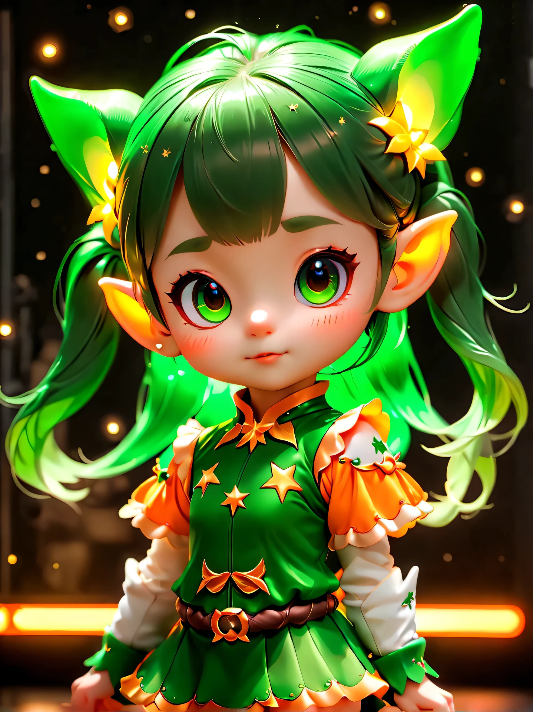 (portrait: 1.8), 3D character rendering，((1 elf girl，Green double ponytail，可爱的Ha ha脸))，((Hairstyling design：bright dark green，添加一些glowing light的元素头饰，Designs such as orange photoelectric glasses or head-mounted displays：在面部装饰上添加一些glowing light线条或橙色 LED 灯光效果，Ha ha，Ha ha脸，Highlight the image of future warriors))，((starry sky background)), (view, First-person perspective, Boom style color, glowing light, movie lighting, ultra high definition, masterpiece, Acura, anatomically correct, textured skin, Super details, high detail, high quality, Award-winning, best quality, 8k), Bubble Mart Blind Box, 3 rendering