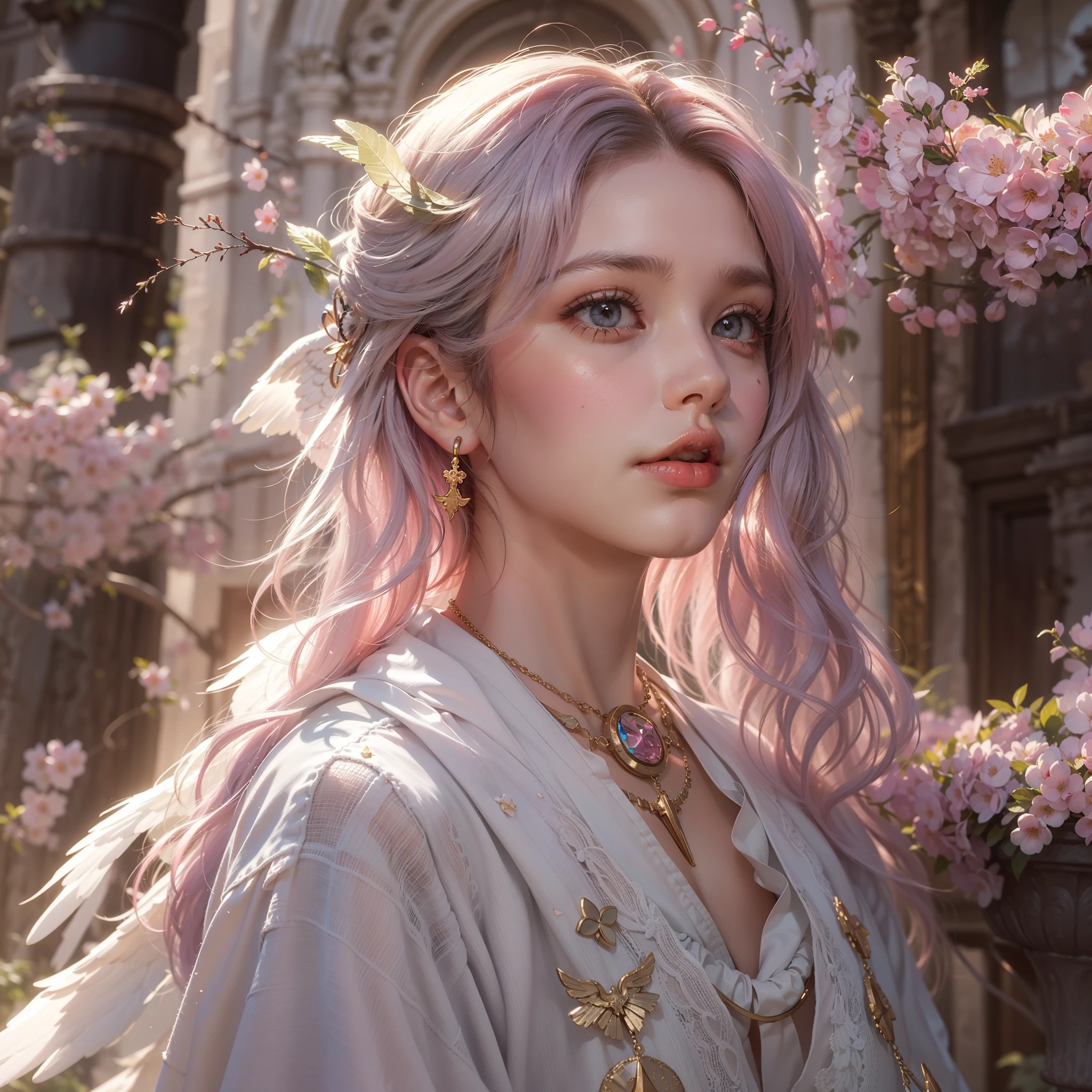 (award-winning masterpieces galore, incredibly detailed, textured and maximally detailed), (hyper realistic:1.4), (realistic:1.3), (top quality realistic textured skin), (dense perfect circle symmetrically beautifully rendered eyes), (angelic light Circle of Divine Radiance Overhead: 1.8), ((Medieval World)), (Black Angel of the Lord or White Angel of the Lord: 1.6), (Full Length Standing Image: 1.8), (Beautiful Kind Eyes), (Loving Beautiful Colored Eyes), (Magnificent Cloud Masses and Sky), (Halo Optical Phenomenon: 1.3), (Dramatic light), (majestic scene), (so beautiful in its expression of serenity and tenderness), ((big old wings with pure white feathers behind shoulders)), flower earrings on ears, (((dramatic photo))), (twilight), (sunset), (dusk), (sacred pose)), (pink hair), (chestnut hair ), flower garden, (elaborately crafted necklace around her neck), old ruins infested with plants, great temple, cathedral, ruins of temple, temple away from temple, (glowing magic circle), ruins of ancient castle, deserted ruins, crumbling ruins, ancient ruins with clear water, holy light, epic realistic, ((neutral color )), (HDR:1.5), (subdued colors:1.2), highly detailed, cinematic, warm light, dramatic light, (complex details:1.1), complex background, petals, pastel colors、Window、(falling cherry blossoms)