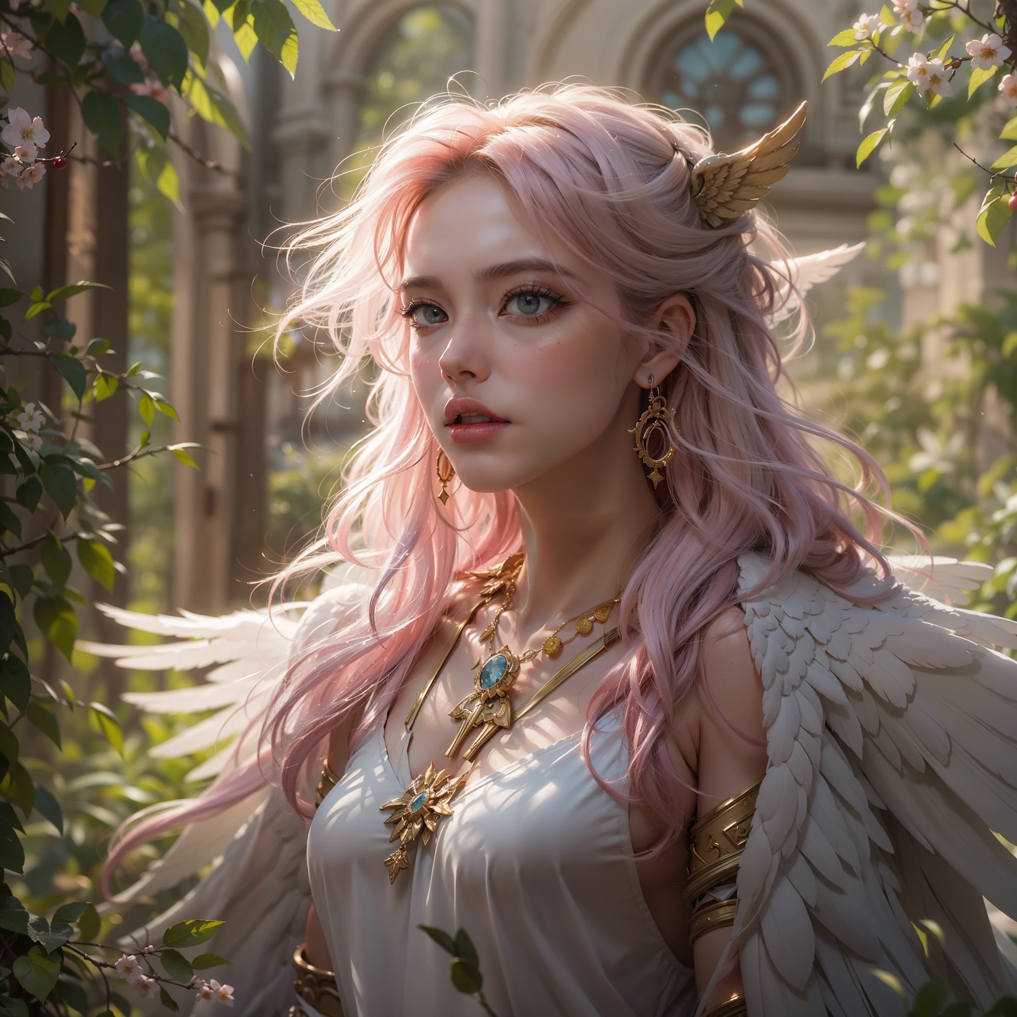 (award-winning masterpieces galore, incredibly detailed, textured and maximally detailed), (hyper realistic:1.4), (realistic:1.3), (top quality realistic textured skin), (dense perfect circle symmetrically beautifully rendered eyes), (angelic light Circle of Divine Radiance Overhead: 1.8), ((Medieval World)), (Black Angel of the Lord or White Angel of the Lord: 1.6), (Full Length Standing Image: 1.8), (Beautiful Kind Eyes), (Loving Beautiful Colored Eyes), (Magnificent Cloud Masses and Sky), (Halo Optical Phenomenon: 1.3), (Dramatic light), (majestic scene), (so beautiful in its expression of serenity and tenderness), ((big old wings with pure white feathers behind shoulders)), flower earrings on ears, (((dramatic photo))), (twilight), (sunset), (dusk), (sacred pose)), (pink hair), (chestnut hair ), flower garden, (elaborately crafted necklace around her neck), old ruins infested with plants, great temple, cathedral, ruins of temple, temple away from temple, (glowing magic circle), ruins of ancient castle, deserted ruins, crumbling ruins, ancient ruins with clear water, holy light, epic realistic, ((neutral color  )), (HDR:1.5), (subdued colors:1.2), highly detailed, cinematic, warm light, dramatic light, (complex details:1.1), complex background, petals, pastel colors、Window、（falling cherry blossoms）