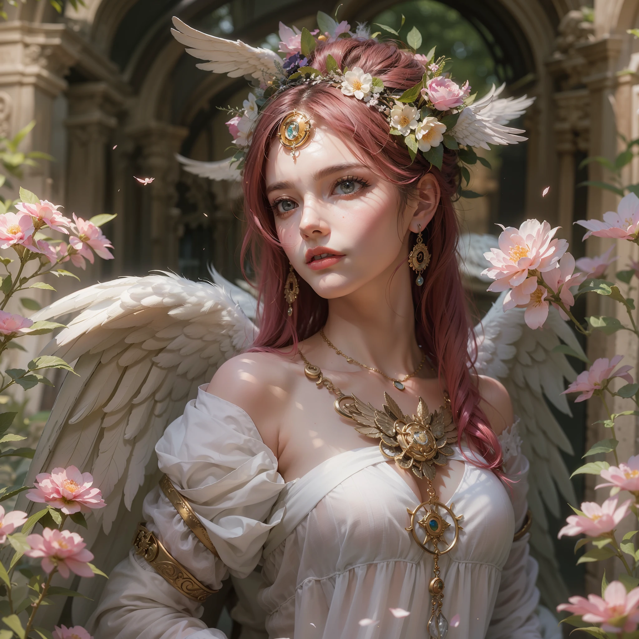 (award-winning masterpieces galore, incredibly detailed, textured and maximally detailed), (hyper realistic:1.4), (realistic:1.3), (top quality realistic textured skin), (dense perfect circle symmetrically beautifully rendered eyes), (angelic light Circle of Divine Radiance Overhead: 1.8), ((Medieval World)), (Black Angel of the Lord or White Angel of the Lord: 1.6), (Full Length Standing Image: 1.8), (Beautiful Kind Eyes), (Loving Beautiful Colored Eyes), (Magnificent Cloud Masses and Sky), (Halo Optical Phenomenon: 1.3), (Dramatic light), (majestic scene), (so beautiful in its expression of serenity and tenderness), ((big old wings with pure white feathers behind shoulders)), flower earrings on ears, (((dramatic photo))), (twilight), (sunset), (dusk), (sacred pose)), (pink hair), (chestnut hair ), flower garden, (elaborately crafted necklace around her neck), old ruins infested with plants, great temple, cathedral, ruins of temple, temple away from temple, (glowing magic circle), ruins of ancient castle, deserted ruins, crumbling ruins, ancient ruins with clear water, holy light, epic realistic, ((neutral color )), (HDR:1.5), (subdued colors:1.2), highly detailed, cinematic, warm light, dramatic light, (complex details:1.1), complex background, petals, pastel colors、Window、(Fantastic Blossom Blizzard)