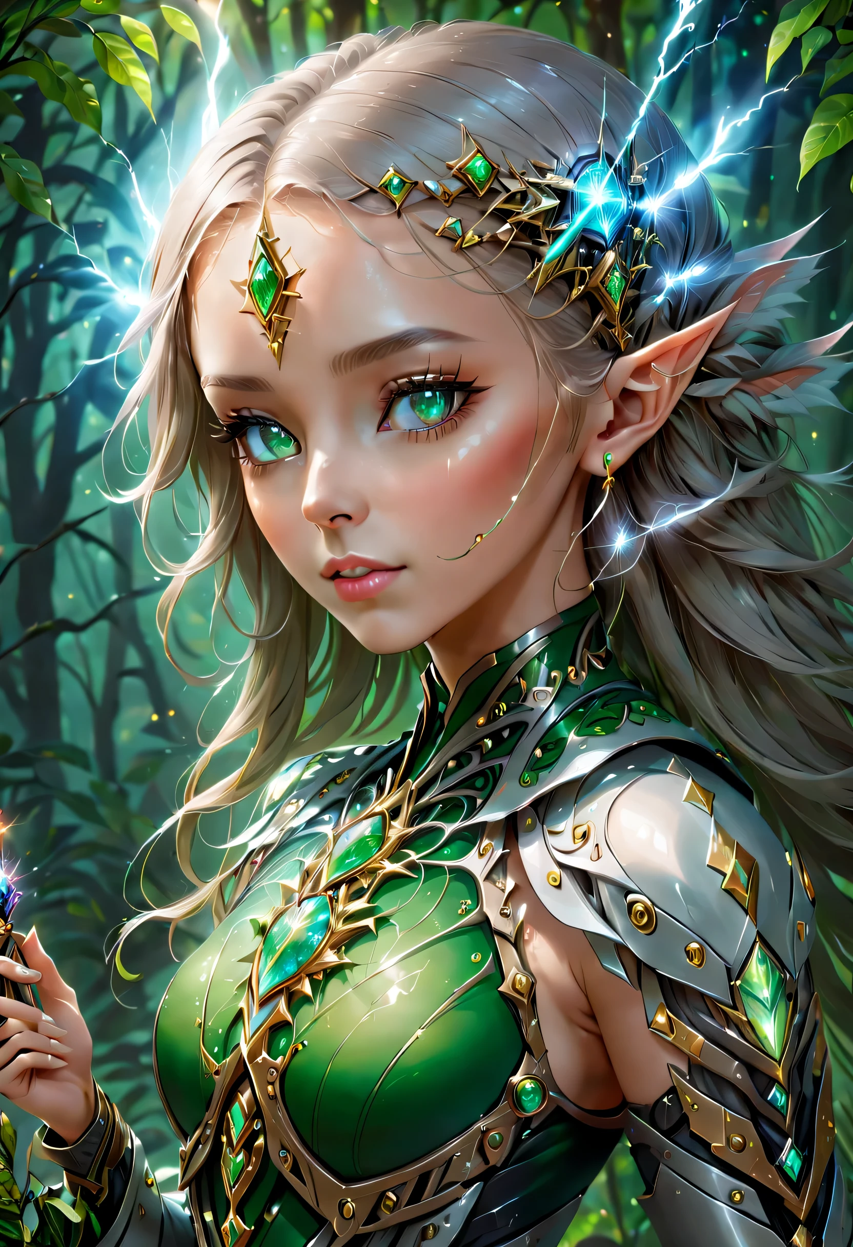 (portrait)，cowboy shooting, portrait of a female elf，A unique blend of magical and futuristic mechanical themes，((Hand-held mechanical gemstone wand，Cast lightning magic，Show your enchanting beauty))。Her facial features are very beautiful，Pointy ears and charming eyes，Complements flowing hair。(The costume she wears combines traditional elf clothing with futuristic technological mechanical elements..:1.3)，Symbolizing the intersection of magic and technology。The background blends a mysterious forest with subtle futuristic sci-fi elements，Enhanced with unique themes。Her expression  confident and powerful，Capturing the grace and power of mythical spirits。Psychedelic stage，ethereal atmosphere, (anatomically correct, Exquisite face makeup , pretty face, Perfect face proportions), （anatomically correct，Precise and perfect hands，Detailed finger description，Delicate fingers beautiful 5 woman fingers，Nice fingers），（Advanced facial details：1.1），1.Realism increased by 4 timeovie lighting, Sony FE , wide angle, First-person perspective, 8k, ultra high definition, masterpiece, Acura, textured skin, high detail, best quality, Award-winning，Photographed from a distance，Sense of distance