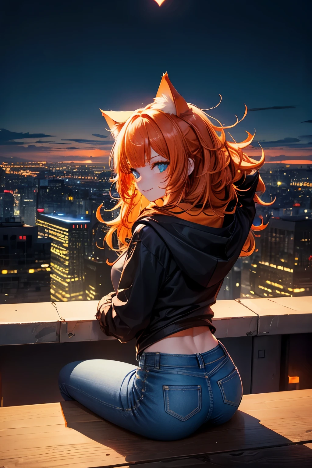 Top quality, high resolution, perfect human structure, from behind, orange hair, glowing hair, cat ears, near future, city, lonely, head tilt, sitting, neon, neon color, moon, jeans, heart shaped pupils , blunt bangs, wavy hair, shiny hair, evil smile , gradient eyes, hoodie,