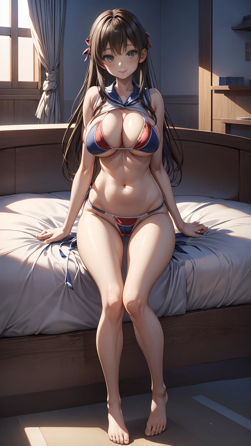 1 girl, the best, masterpiece, HD, (whole body), Symmetrical, alone, (whole body from head to toe), ((moro liberation front)), Slingshot bikini, unrealistic, (( camel toe)), ((((translucent bikini)))), ((((translucent)))), ((((transparent)))), (((transparent clothing))), whole body视图, Gaze towards the camera, ((Isometric pillow diagram)), ((dakimakura)), (Lying in bed),Physically based rendering, beautiful women, Perfect body, Smile, bedroom, Giant breast, barefoot, toe