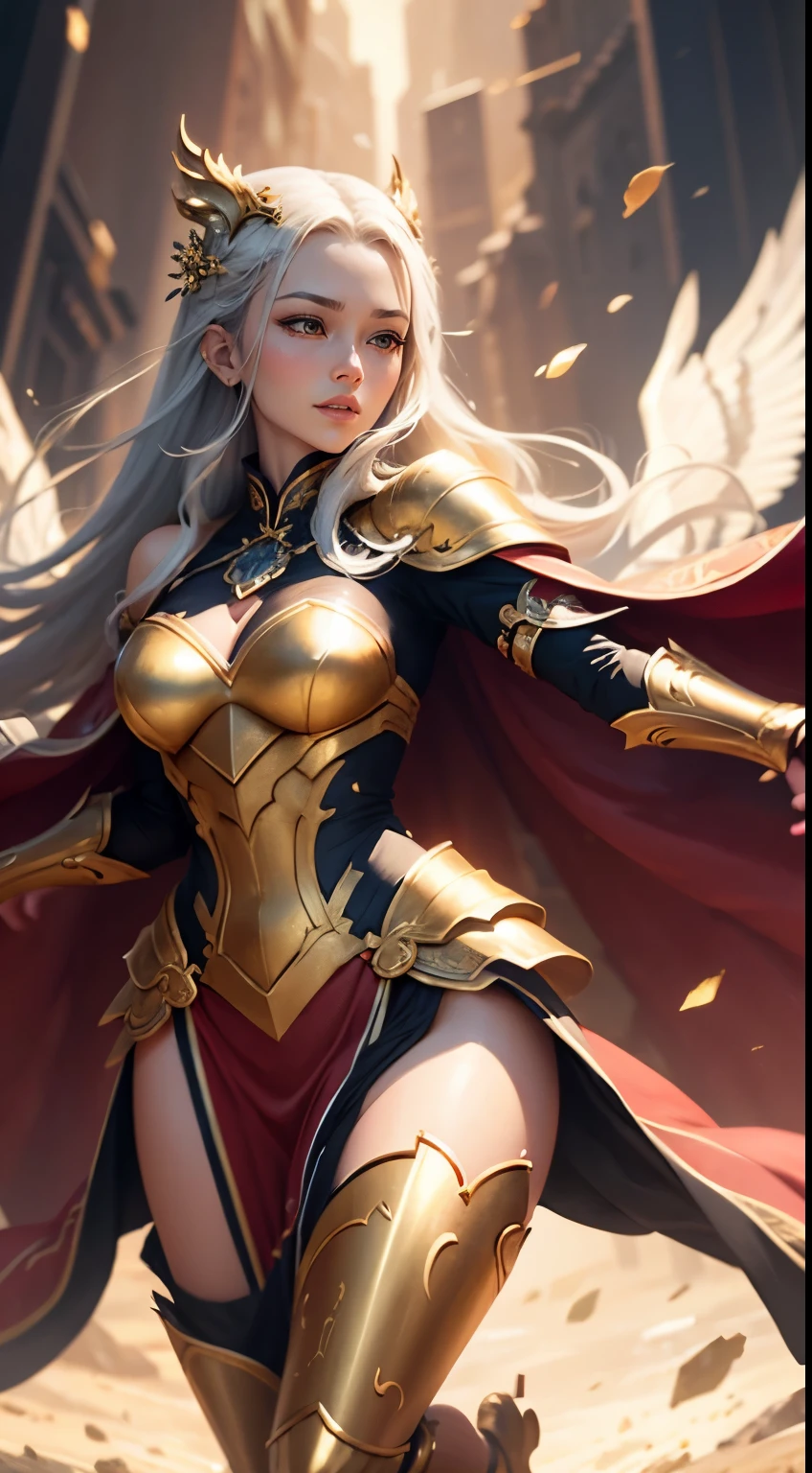 a close up of a woman in a silver and gold red dress, flying, full body, chengwei pan on artstation, by Yang J, detailed fantasy art, stunning character art, fanart best artstation, epic exquisite character art, beautiful armor, extremely detailed artgerm, detailed digital anime art, artgerm on artstation pixiv, armor girl