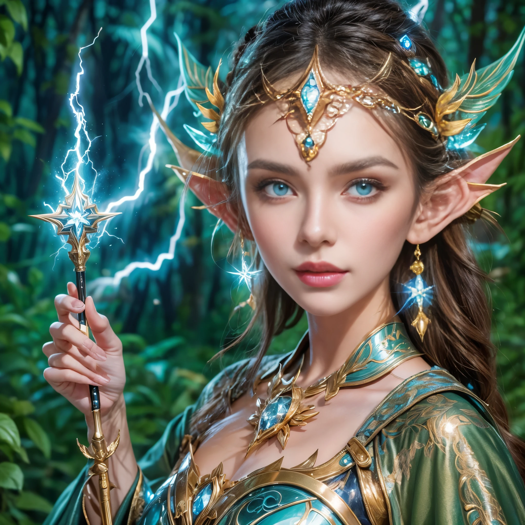 portrait of a female elf，A unique blend of fantasy and futuristic mechanical themes，Showing off her enchanting beauty while holding a mechanical gemstone wand and casting lightning magic。Her facial features are very beautiful，Pointy ears and charming eyes，Complements flowing hair。The costume she wears combines traditional elf clothing with modern mechanical elements，Symbolizing the intersection of magic and technology。The background blends a mysterious forest with subtle futuristic elements，Enhanced with unique themes。Her expression  confident and powerful，Capturing the grace and power of mythical spirits。