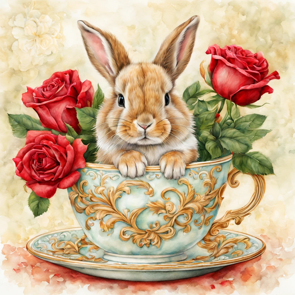Beautiful cute baby bunny sits in a cup, red roses, garden, beautiful, baroque, ultra realistic, realistic watercolor+pencil, high octane, filigree, intricate background, green, gold, white, emerald