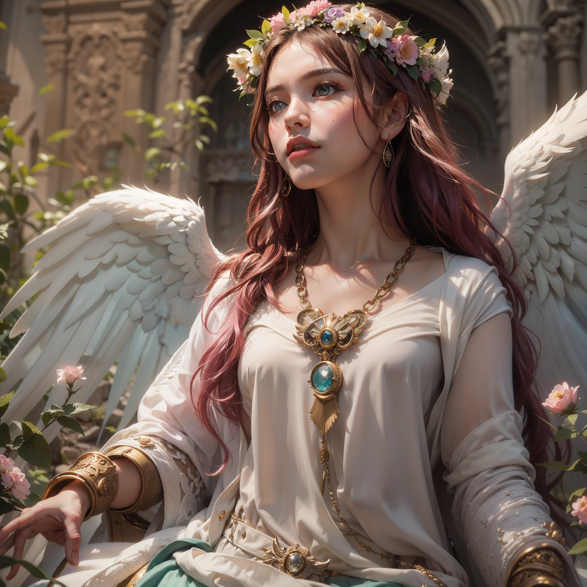 (award-winning masterpieces galore, incredibly detailed, textured and maximally detailed), (hyper realistic:1.4), (realistic:1.3), (top quality realistic textured skin), (dense perfect circle symmetrically beautifully rendered eyes), (angelic light Circle of Divine Radiance Overhead: 1.8), ((Medieval World)), (Black Angel of the Lord or White Angel of the Lord: 1.6), (Full Length Standing Image: 1.8), (Beautiful Kind Eyes), (Loving Beautiful Colored Eyes), (Magnificent Cloud Masses and Sky), (Halo Optical Phenomenon: 1.3), (Dramatic light), (majestic scene), (so beautiful in its expression of serenity and tenderness), ((big old wings with pure white feathers behind shoulders)), flower earrings on ears, (((dramatic photo))), (twilight), (sunset), (dusk), (sacred pose)), (pink hair), (chestnut hair ), flower garden, (elaborately crafted necklace around her neck), old ruins infested with plants, great temple, cathedral, ruins of temple, temple away from temple, (glowing magic circle), ruins of ancient castle, deserted ruins, crumbling ruins, ancient ruins with clear water, holy light, epic realistic, ((neutral color  )), (HDR:1.5), (subdued colors:1.2), highly detailed, cinematic, warm light, dramatic light, (complex details:1.1), complex background, petals, pastel colors、Window、（Fantastic Blossom Blizzard）