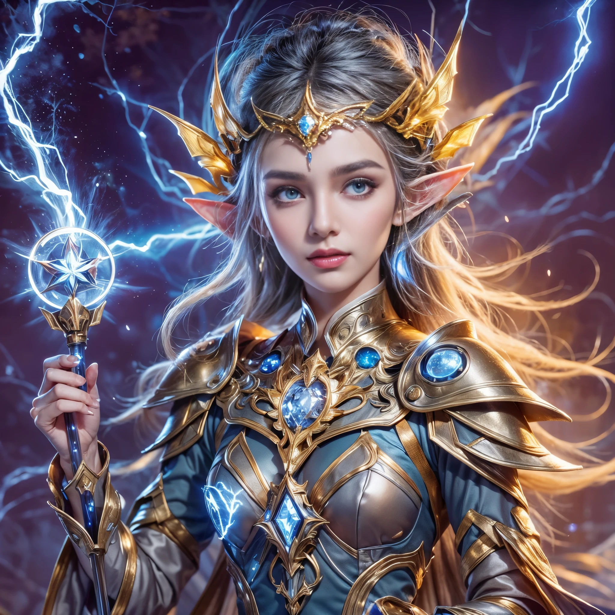 portrait of a female elf，A unique blend of fantasy and futuristic mechanical themes，Showing off her enchanting beauty while holding a mechanical gemstone wand and casting lightning magic。Her facial features are very beautiful，Pointy ears and charming eyes，Complements flowing hair。The costume she wears combines traditional elf clothing with modern mechanical elements，Symbolizing the intersection of magic and technology。The background blends a mysterious forest with subtle futuristic elements，Enhanced with unique themes。Her expression  confident and powerful，Capturing the grace and power of mythical spirits。