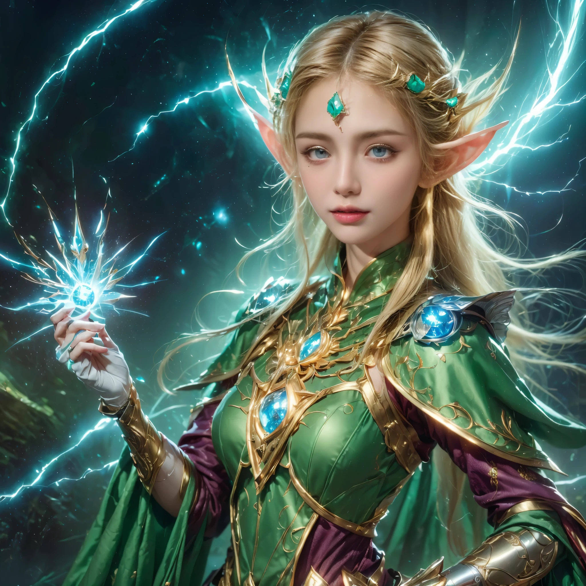 (portrait)，cowboy shot, portrait of a female elf，A unique blend of fantasy and futuristic mechanical themes，((Showing off her enchanting beauty while holding a mechanical gemstone wand and casting lightning magic))。Her facial features are very beautiful，Pointy ears and charming eyes，Complements flowing hair。The costume she wears combines traditional elf clothing with modern mechanical elements，Symbolizing the intersection of magic and technology。The background blends a mysterious forest with subtle futuristic elements，Enhanced with unique themes。Her expression  confident and powerful，Capturing the grace and power of mythical spirits。International Superstar Model Exhibition, Psychedelic stage，ethereal atmosphere, (anatomically correct, Exquisite face makeup , pretty face, Perfect face proportions),（Advanced facial details：1.1），Realism，movie lighting, Sony FE , wide angle, First-person perspective, 8k, ultra high definition, masterpiece, Acura, textured skin, high detail, best quality, Award-winning，Photographed from a distance，Sense of distance