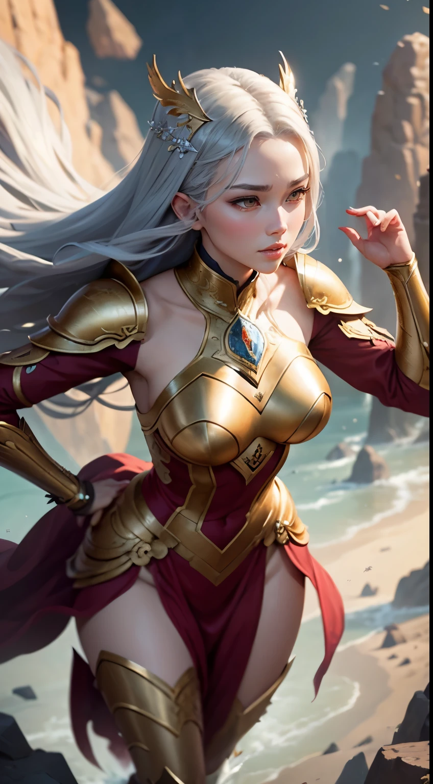 a close up of a woman in a silver and gold red dress, flying, full body, chengwei pan on artstation, by Yang J, detailed fantasy art, stunning character art, fanart best artstation, epic exquisite character art, beautiful armor, extremely detailed artgerm, detailed digital anime art, artgerm on artstation pixiv, armor girl