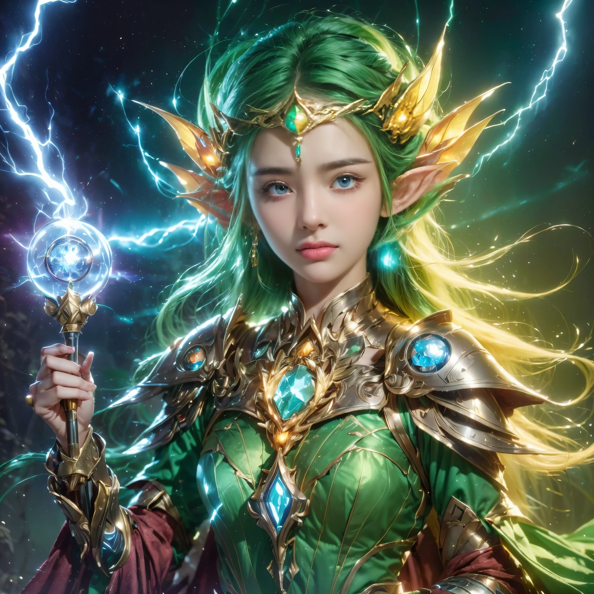 (portrait),cowboy shot, portrait of a female elf,A unique blend of fantasy and futuristic mechanical themes,((Showing off her enchanting beauty while holding a mechanical gemstone wand and casting lightning magic))。Her facial features are very beautiful,Pointy ears and charming eyes,Complements flowing hair。The costume she wears combines traditional elf clothing with modern mechanical elements,Symbolizing the intersection of magic and technology。The background blends a mysterious forest with subtle futuristic elements,Enhanced with unique themes。Her expression confident and powerful,Capturing the grace and power of mythical spirits。International Superstar Model Exhibition, Psychedelic stage,ethereal atmosphere, (anatomically correct, Exquisite face makeup , pretty face, Perfect face proportions),(Advanced facial details:1.1),Realism,movie lighting, Sony FE , wide angle, First-person perspective, 8k, ultra high definition, masterpiece, Acura, textured skin, high detail, best quality, Award-winning,Photographed from a distance,Sense of distance