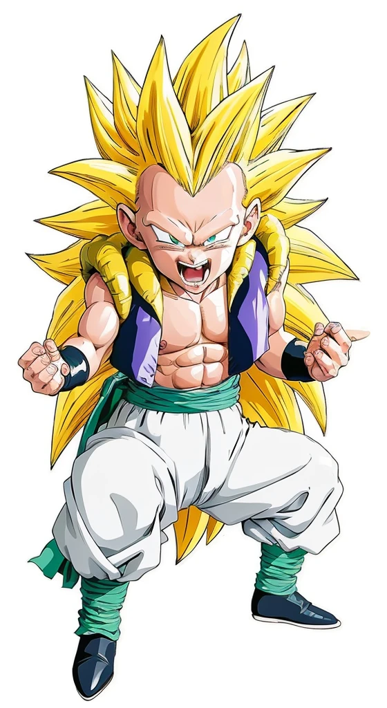 super saiyan, 1boy, blonde hair, green eyes,naked purple dougi,standing,cowboy shot, serious, purple pants, blue wristband, red sash, sleeveless,looking at viewer,japanese forest, cliff,arms at sideest quality, masterpiece,realistic, photorealistic) 