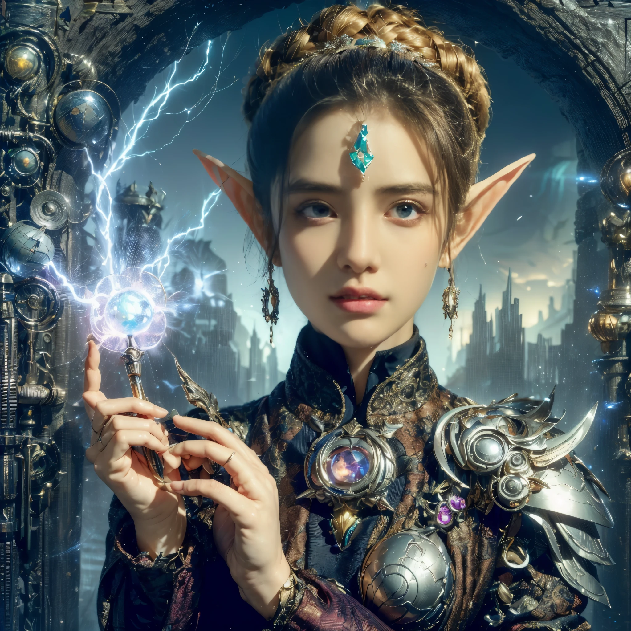 (portrait),cowboy shot, portrait of a female elf,A unique blend of fantasy and futuristic mechanical themes,((Showing off her enchanting beauty while holding a mechanical gemstone wand and casting lightning magic))。Her facial features are very beautiful,Pointy ears and charming eyes,Complements flowing hair。The costume she wears combines traditional elf clothing with modern mechanical elements,Symbolizing the intersection of magic and technology。The background blends a mysterious forest with subtle futuristic elements,Enhanced with unique themes。Her expression confident and powerful,Capturing the grace and power of mythical spirits。International Superstar Model Exhibition, Psychedelic stage,ethereal atmosphere, (anatomically correct, Exquisite face makeup , pretty face, Perfect face proportions),(Advanced facial details:1.1),Realism,movie lighting, Sony FE , wide angle, First-person perspective, 8k, ultra high definition, masterpiece, Acura, textured skin, high detail, best quality, Award-winning,Photographed from a distance,Sense of distance