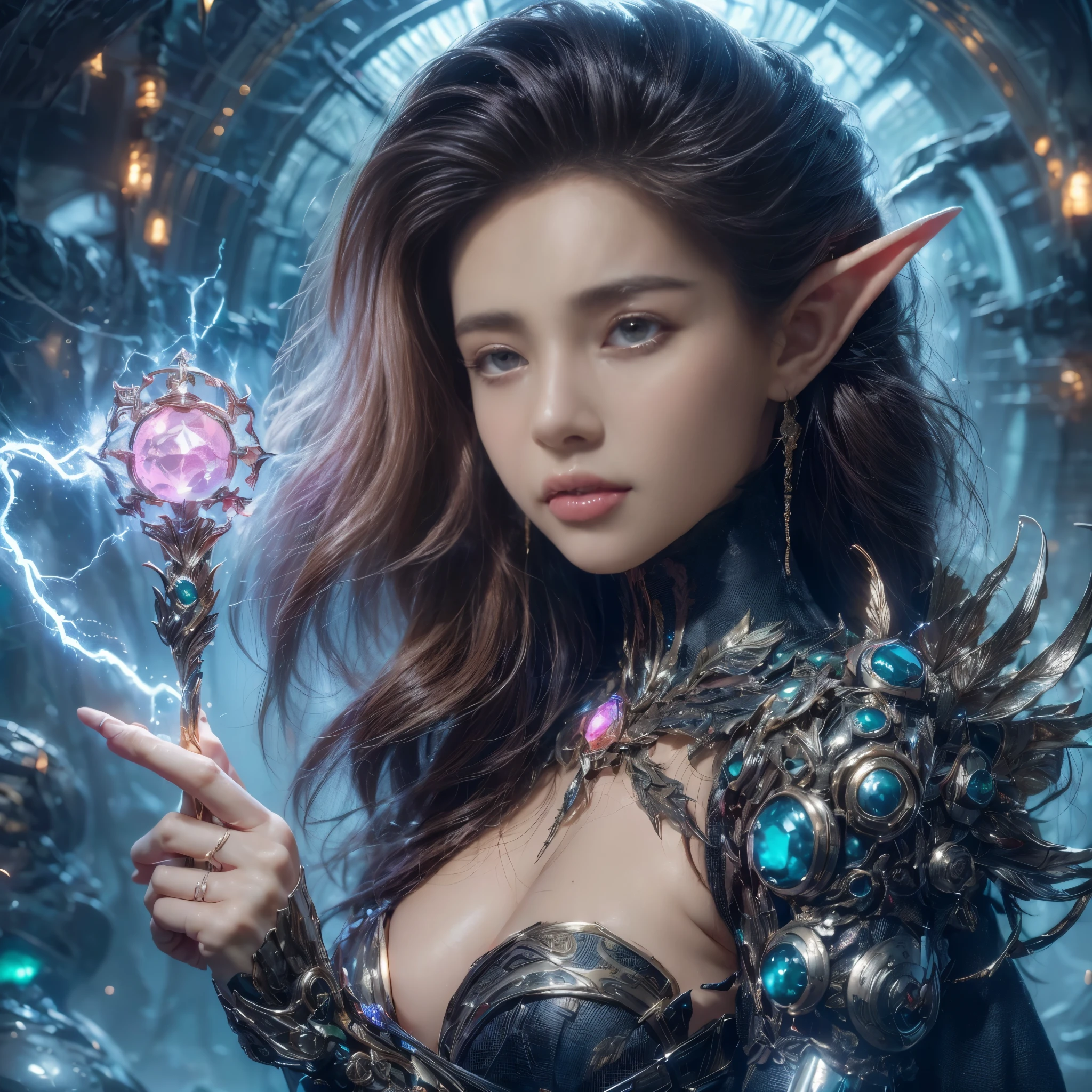 (portrait),cowboy shot, portrait of a female elf,A unique blend of fantasy and futuristic mechanical themes,((Showing off her enchanting beauty while holding a mechanical gemstone wand and casting lightning magic))。Her facial features are very beautiful,Pointy ears and charming eyes,Complements flowing hair。The costume she wears combines traditional elf clothing with modern mechanical elements,Symbolizing the intersection of magic and technology。The background blends a mysterious forest with subtle futuristic elements,Enhanced with unique themes。Her expression confident and powerful,Capturing the grace and power of mythical spirits。International Superstar Model Exhibition, Psychedelic stage,ethereal atmosphere, (anatomically correct, Exquisite face makeup , pretty face, Perfect face proportions),(Advanced facial details:1.1),Realism,movie lighting, Sony FE , wide angle, First-person perspective, 8k, ultra high definition, masterpiece, Acura, textured skin, high detail, best quality, Award-winning,Photographed from a distance,Sense of distance