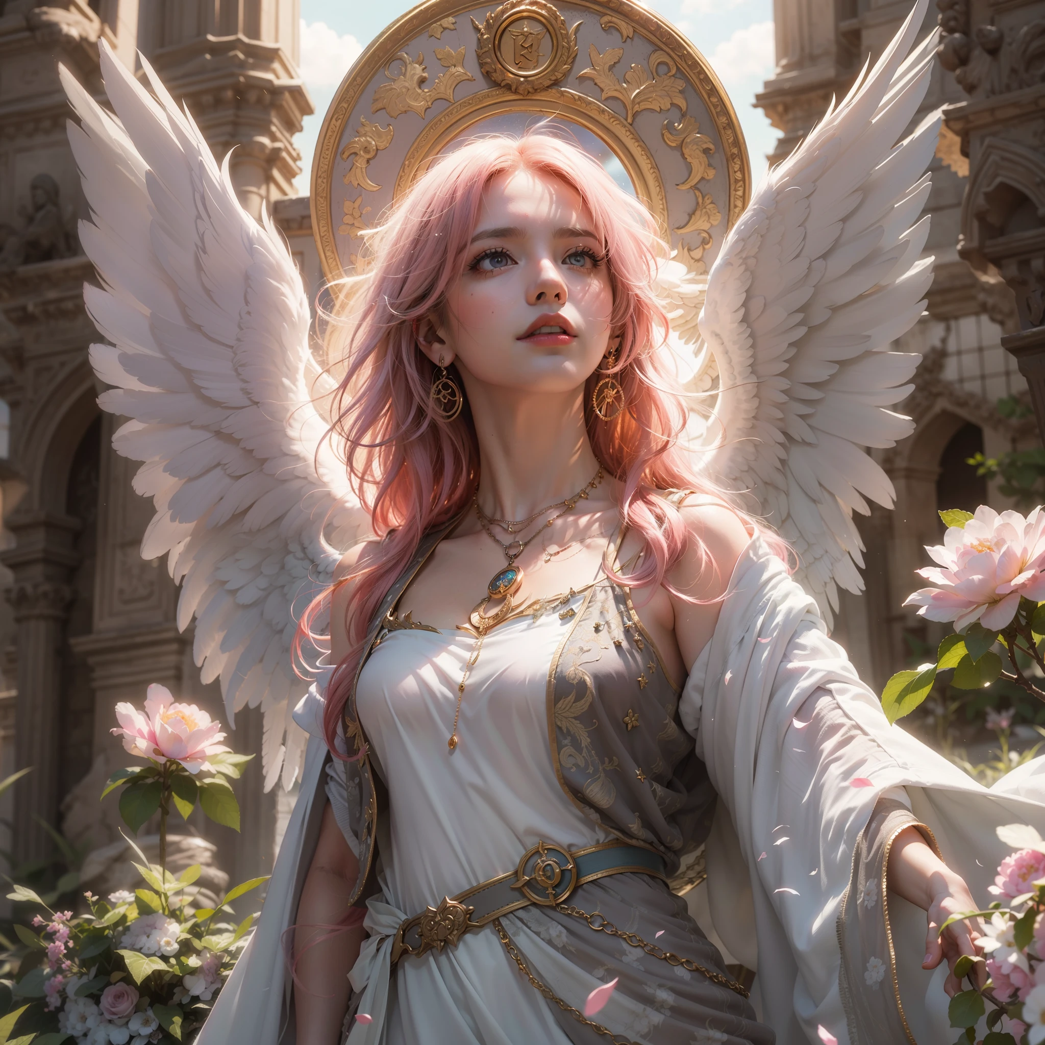 (award-winning masterpieces galore, incredibly detailed, textured and maximally detailed), (hyper realistic:1.4), (realistic:1.3), (top quality realistic textured skin), (dense perfect circle symmetrically beautifully rendered eyes), (angelic light Circle of Divine Radiance Overhead: 1.8), ((Medieval World)), (Black Angel of the Lord or White Angel of the Lord: 1.6), (Full Length Standing Image: 1.8), (Beautiful Kind Eyes), (Loving Beautiful Colored Eyes), (Magnificent Cloud Masses and Sky), (Halo Optical Phenomenon: 1.3), (Dramatic light), (majestic scene), (so beautiful in its expression of serenity and tenderness), ((big old wings with pure white feathers behind shoulders)), flower earrings on ears, (((dramatic photo))), (twilight), (sunset), (dusk), (sacred pose)), (pink hair), (chestnut hair ), flower garden, (elaborately crafted necklace around her neck), old ruins infested with plants, great temple, cathedral, ruins of temple, temple away from temple, (glowing magic circle), ruins of ancient castle, deserted ruins, crumbling ruins, ancient ruins with clear water, holy light, epic realistic, ((neutral color )), (HDR:1.5), (subdued colors:1.2), highly detailed, cinematic, warm light, dramatic light, (complex details:1.1), complex background, petals, pastel colors、Window、(Fantastic Blossom Blizzard)