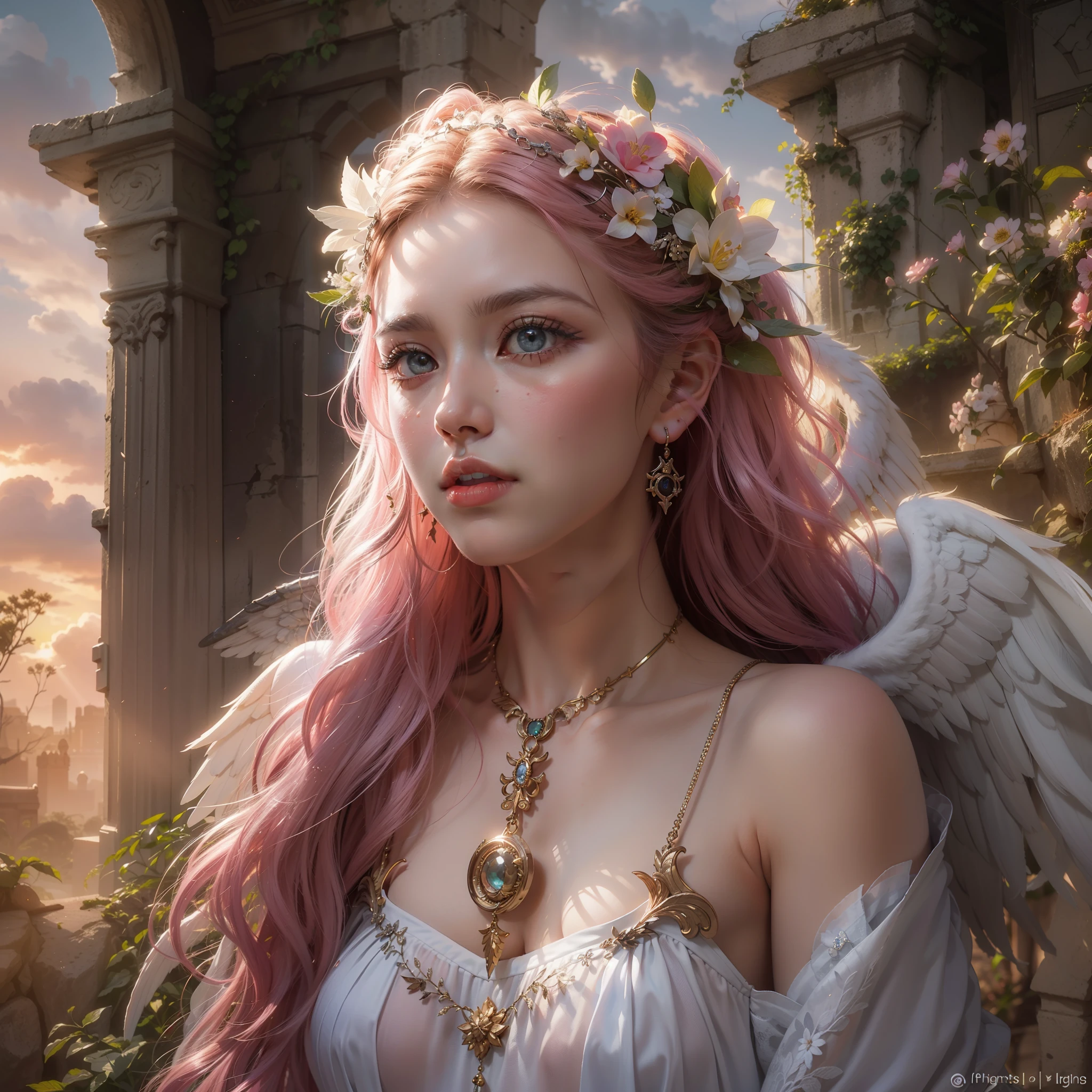 (award-winning masterpieces galore, incredibly detailed, textured and maximally detailed), (hyper realistic:1.4), (realistic:1.3), (top quality realistic textured skin), (dense perfect circle symmetrically beautifully rendered eyes), (angelic light Circle of Divine Radiance Overhead: 1.8), ((Medieval World)), (Black Angel of the Lord or White Angel of the Lord: 1.6), (Full Length Standing Image: 1.8), (Beautiful Kind Eyes), (Loving Beautiful Colored Eyes), (Magnificent Cloud Masses and Sky), (Halo Optical Phenomenon: 1.3), (Dramatic light), (majestic scene), (so beautiful in its expression of serenity and tenderness), ((big old wings with pure white feathers behind shoulders)), flower earrings on ears, (((dramatic photo))), (twilight), (sunset), (dusk), (sacred pose)), (pink hair), (chestnut hair ), flower garden, (elaborately crafted necklace around her neck), old ruins infested with plants, great temple, cathedral, ruins of temple, temple away from temple, (glowing magic circle), ruins of ancient castle, deserted ruins, crumbling ruins, ancient ruins with clear water, holy light, epic realistic, ((neutral color )), (HDR:1.5), (subdued colors:1.2), highly detailed, cinematic, warm light, dramatic light, (complex details:1.1), complex background, petals, pastel colors、Window、(Fantastic Blossom Blizzard)