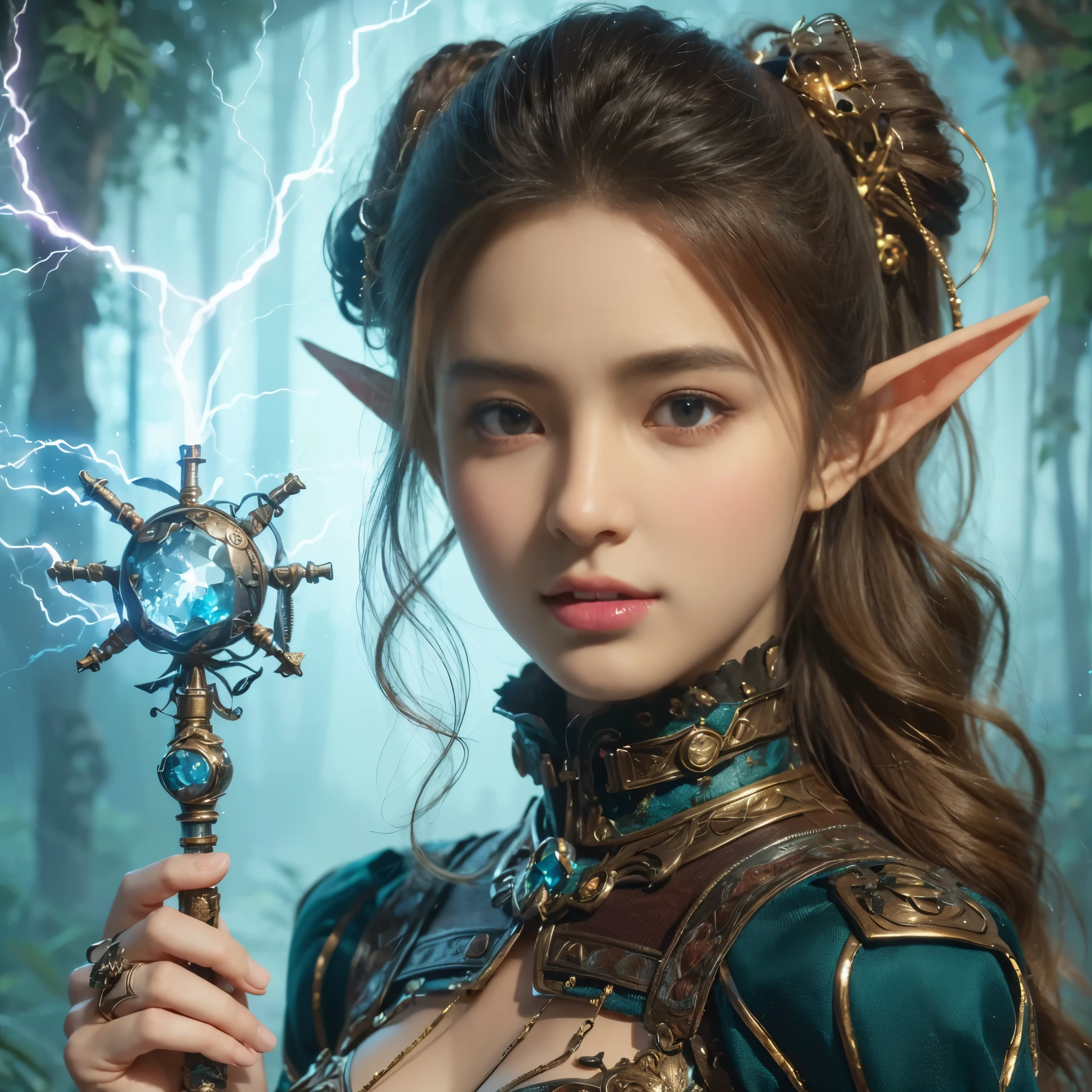 (portrait),cowboy shot, portrait of a female elf,A unique blend of fantasy and futuristic mechanical themes,((Showing off her enchanting beauty while holding a mechanical gemstone wand and casting lightning magic))。Her facial features are very beautiful,Pointy ears and charming eyes,Complements flowing hair。The costume she wears combines traditional elf clothing with modern mechanical elements,Symbolizing the intersection of magic and technology。The background blends a mysterious forest with subtle futuristic elements,Enhanced with unique themes。Her expression confident and powerful,Capturing the grace and power of mythical spirits。International Superstar Model Exhibition, Psychedelic stage,ethereal atmosphere, (anatomically correct, Exquisite face makeup , pretty face, Perfect face proportions),(Advanced facial details:1.1),Realism,movie lighting, Sony FE , wide angle, First-person perspective, 8k, ultra high definition, masterpiece, Acura, textured skin, high detail, best quality, Award-winning,Photographed from a distance,Sense of distance