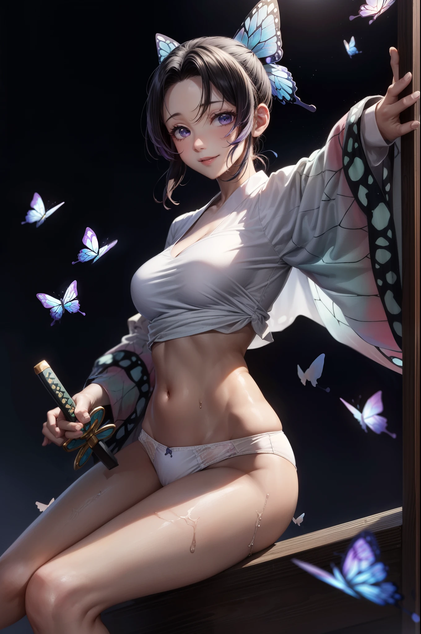 (Representative work: 1.2), (Best quality: 1.2), Solo, Only Daughter, Shinobu Little Butterfly, Happy Smile, large breasts,Thin Japan Katana, (White shirt: 1.4), Face, Realistic eyes, Lilac eyes, Wet face, Black hair, (Butterfly panties: 1.5), Micro panties, Taisho era, from below, spread your legs, lift your skirt, show off your panties, lift yourself,ultra miniskirt,(dynamic pose:1.2)