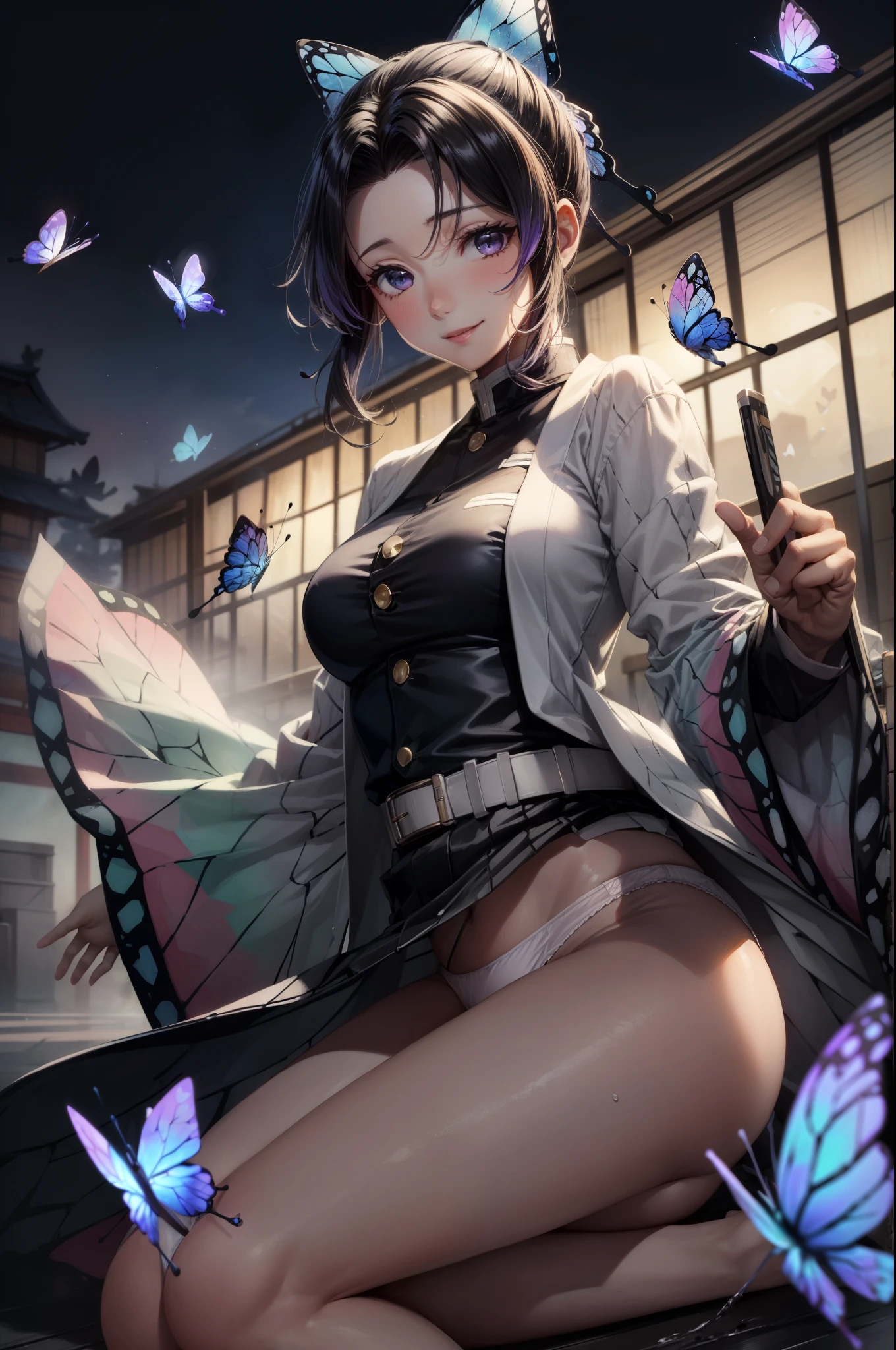 (Representative work: 1.2), (Best quality: 1.2), Solo, Only Daughter, Shinobu Little Butterfly, Happy Smile, large breasts,Thin Japan Katana, (White shirt: 1.4), Face, Realistic eyes, Lilac eyes, Wet face, Black hair, (Butterfly panties: 1.5), Micro panties, Taisho era, from below, spread your legs, lift your skirt, show off your panties, lift yourself,ultra miniskirt,(dynamic pose:1.2)