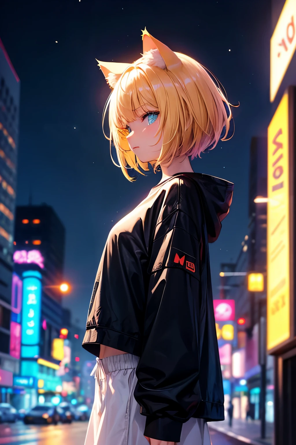 top quality, high resolution, perfect human structure, background focus, from side, glowing hair, cat ears, blonde hair, short cut, near future, casual clothes, neon, neon colors, fighting, near future, city, colorful, night, moon, gradient eyes, swept bangs