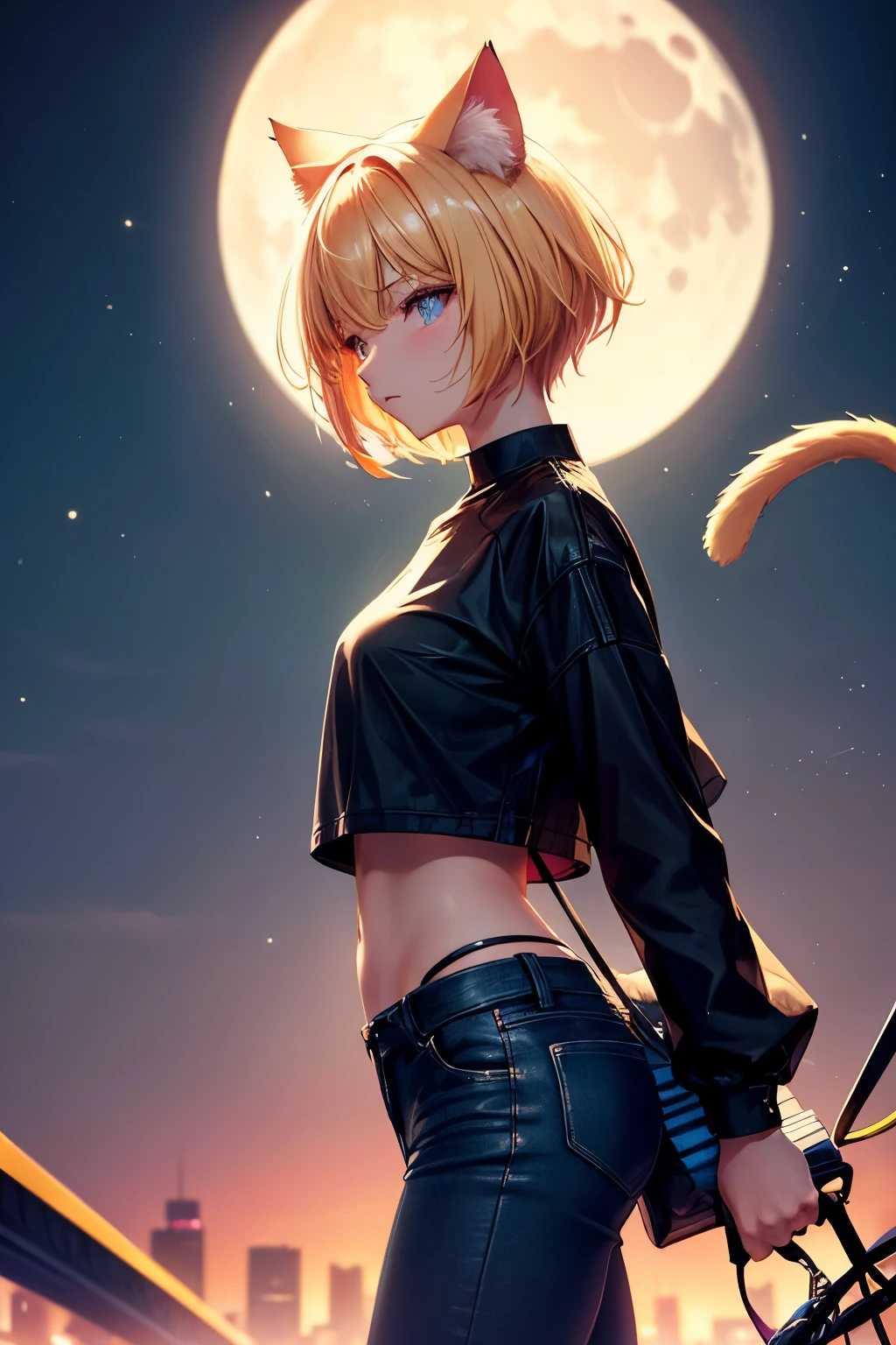 top quality, high resolution, perfect human structure, background focus, from side, glowing hair, cat ears, blonde hair, short cut, near future, casual clothes, neon, neon colors, fighting, near future, city, colorful, night, moon, gradient eyes, swept bangs