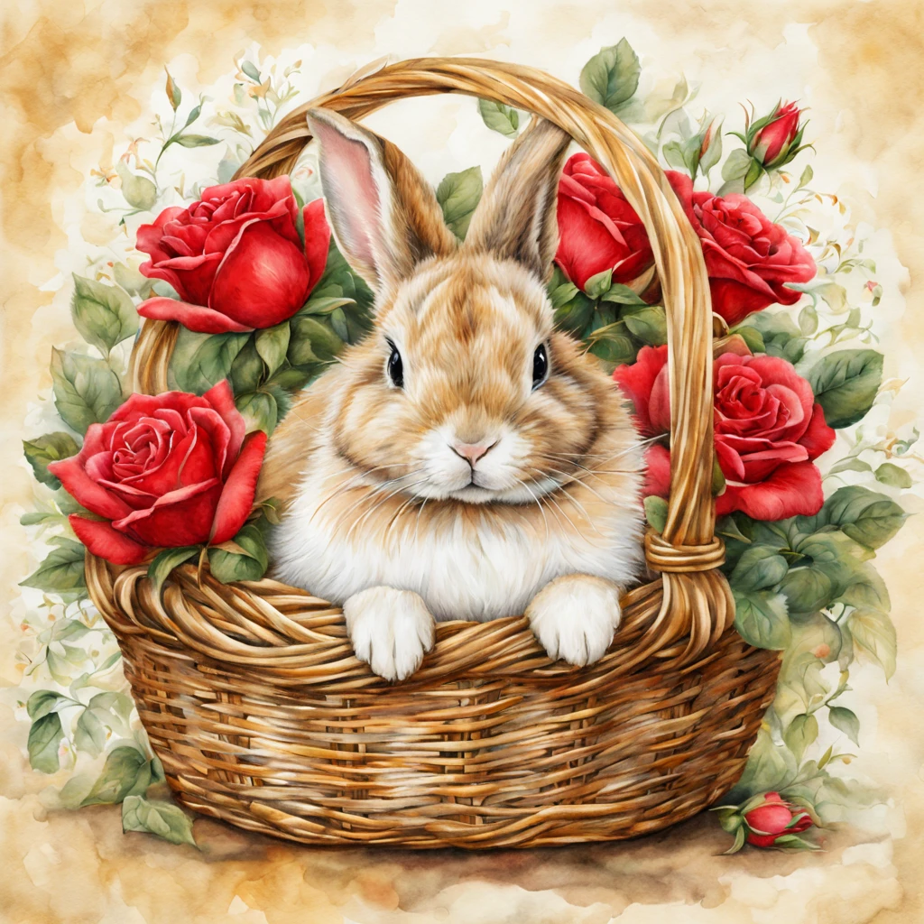 Beautiful cute baby bunny sits in a bast basket, red roses, garden, beautiful, baroque, ultra realistic, realistic watercolor+pencil, high octane, filigree, intricate background, green, gold, white, emerald