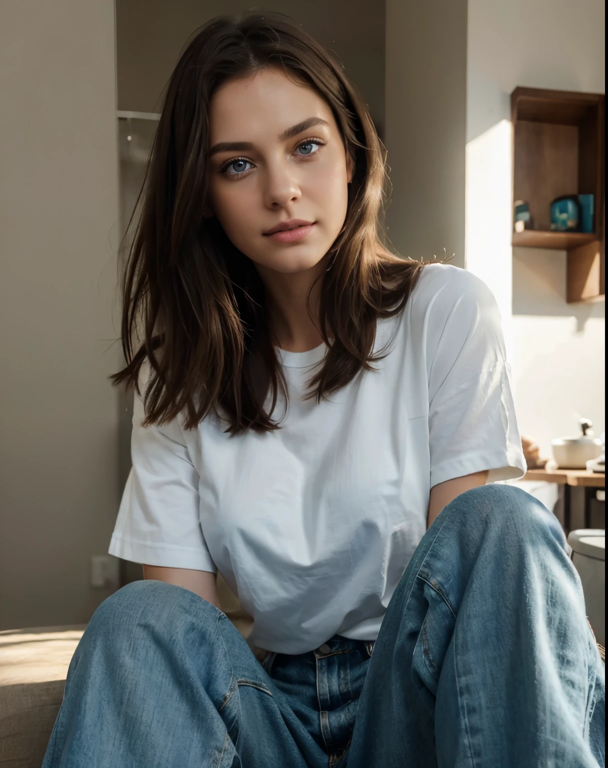 beautiful european girl with green eyes and brunette hair, wearing jean pants and white croopted t-shirt, smilling, ultra high resolution, (photorealistic: 1.4), high resolution ,( blue eyeinely detailed skin), (perfectly proportions) (photos realistic) (masterpiece) (photorealistic), ultrarealistic (Best Quality) (Detailed) photographed in a Canon EOS R5, 50mm Lens, F/2.8, (8K) (Wallpaper) (Cinematic lighting) (Dramatic Lighting) (Convoluted) Fashion