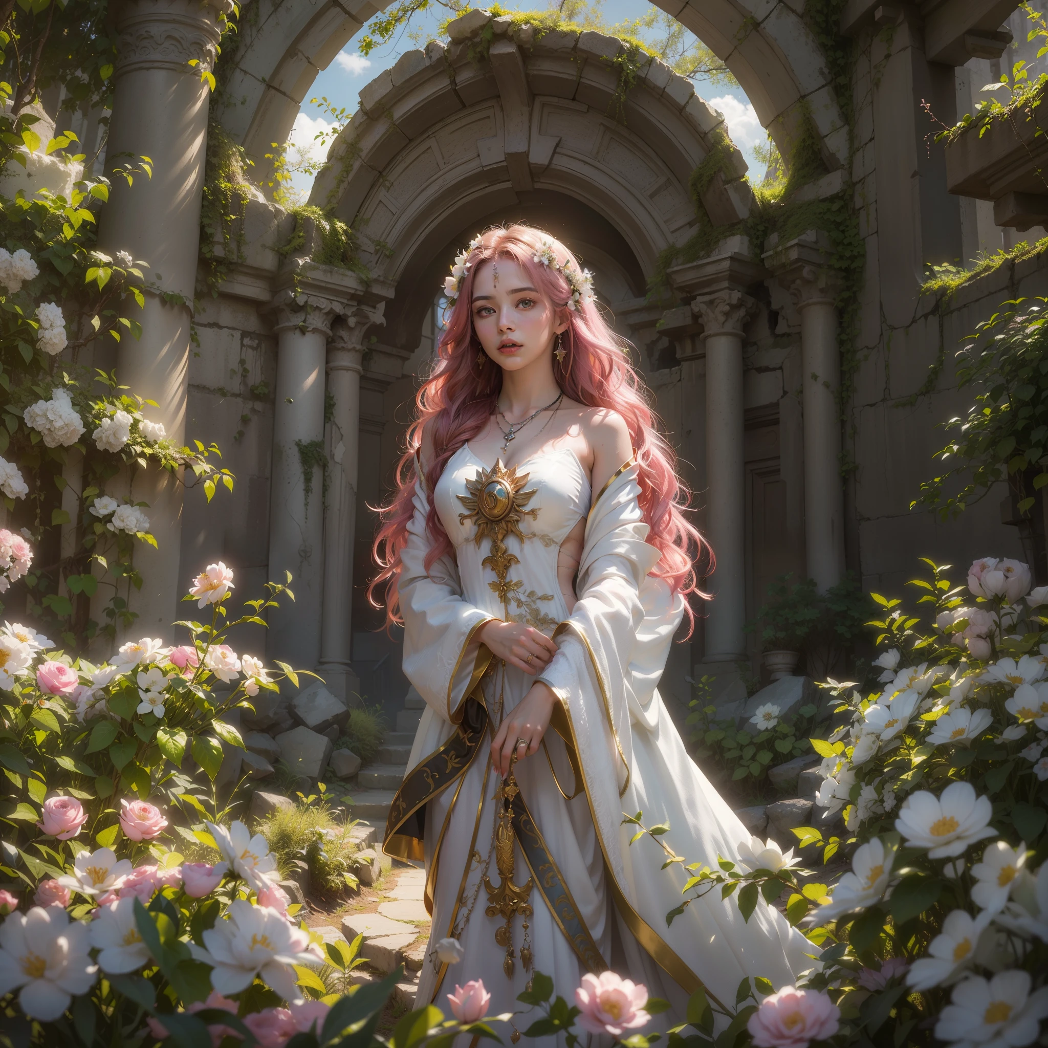 (award-winning masterpieces galore, incredibly detailed, textured and maximally detailed), (hyper realistic:1.4), (realistic:1.3), (top quality realistic textured skin), (dense perfect circle symmetrically beautifully rendered eyes), (angelic light Circle of Divine Radiance Overhead: 1.8), ((Medieval World)), (Black Angel of the Lord or White Angel of the Lord: 1.6), (Full Length Standing Image: 1.8), (Beautiful Kind Eyes), (Loving Beautiful Colored Eyes), (Magnificent Cloud Masses and Sky), (Halo Optical Phenomenon: 1.3), (Dramatic light), (majestic scene), (so beautiful in its expression of serenity and tenderness), ((big old wings with pure white feathers behind shoulders)), flower earrings on ears, (((dramatic photo))), (twilight), (sunset), (dusk), (sacred pose)), (pink hair), (chestnut hair ), flower garden, (elaborately crafted necklace around her neck), old ruins infested with plants, great temple, cathedral, ruins of temple, temple away from temple, (glowing magic circle), ruins of ancient castle, deserted ruins, crumbling ruins, ancient ruins with clear water, holy light, epic realistic, ((neutral color )), (HDR:1.5), (subdued colors:1.2), highly detailed, cinematic, warm light, dramatic light, (complex details:1.1), complex background, petals, pastel colors、Window、(Fantastic Blossom Blizzard1:8)、((Fantastic Forest:1.8))