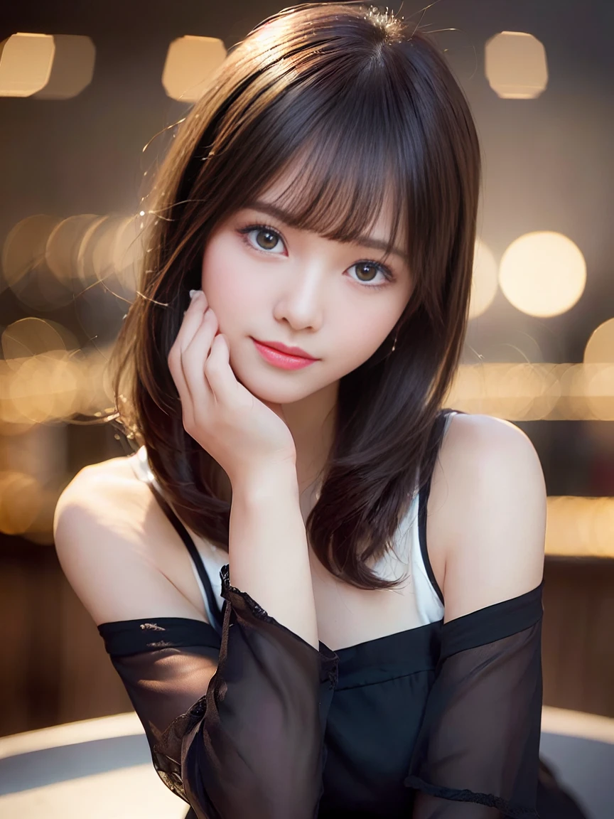 ((highest quality:1.2, 8K, sharp focus, masterpiece: 1.2, cinematic light, Very detailed CG, beautiful girl, reality, detailed facial texture, realistic skin, detailed bangs)), (Depth of bounds written), background bokeh, head tilt, smile, close your mouth, shiny black short hair,
