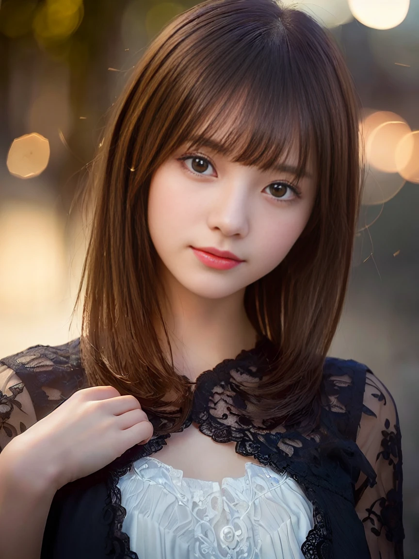 ((highest quality:1.2, 8K, sharp focus, masterpiece: 1.2, cinematic light, Very detailed CG, beautiful girl, reality, detailed facial texture, realistic skin, detailed bangs)), (Depth of bounds written), background bokeh, head tilt, smile, close your mouth, shiny black short hair,