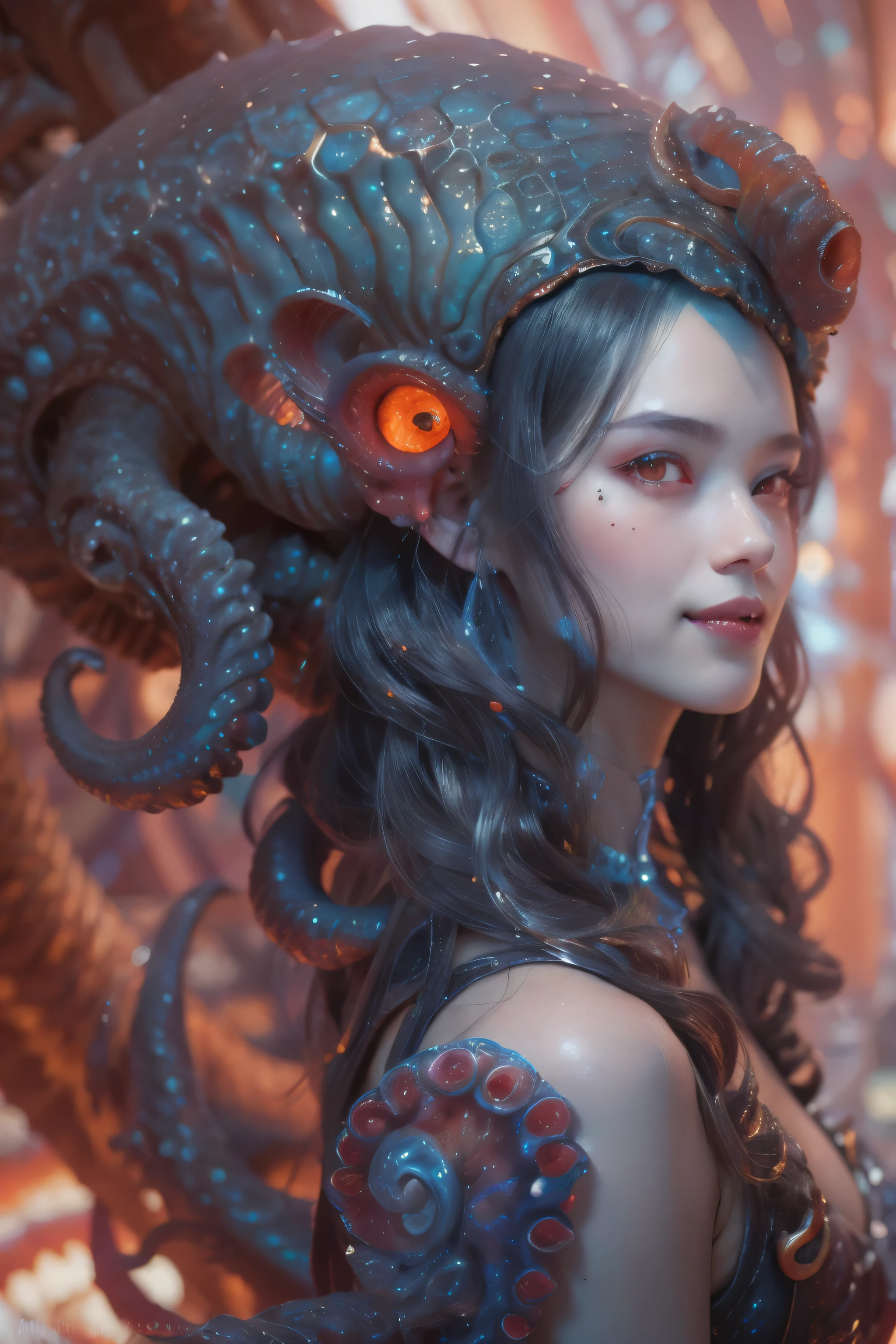 Detailed art in scary and sexy colors, portrait, (beautiful and obscene female alien:1.4), (vulgarity 1.7), (she has red eyes with no pupils:1.8), (clear white skin:1.7), (There is a female genital-like organ in the middle of the forehead.:1.9), (The most beautiful face in the history of the universe:1.2),an evil gaze that seduces, (big mouth:1.1), (sharp teeth like a vampire:1.2), full body portrait, (bioluminescence:1.5), (laugh evilly:1.3), (sexy pose:1.5), alien, there are no humans, cells are fused, (Lots of translucent tentacles:1.3) extraterrestrial, cell, bio image, best quality, 8K, In 4K_quality, High freshness, dramatic lighting, table top:1.5,cinematic quality, Detail up, (exquisite details:1.2), High resolution, High freshness, draw faithfully, (thick eyebrows:1.2), Beautiful eyes with high bilateral symmetry,(highly detailed face and eyes:1.2), intimate face, (Super detailed skin quality feeling:1.4), perfect anatomy, (Beautiful toned body:1.5), (moist skin:1.2), not wearing makeup, (Bear:1.1), long canines, drawing cinematic characters, ultra high quality model, cinematic quality, Detail up, (exquisite details:1.2), High resolution, High freshness, draw faithfully, official art, unity 8k wallpaper, best quality, Very High resolution, Super detailed artistic photography, midnight aura, unreal engine 5, super sharp focus, art by Amano Yoshitaka, types of bacteria, Reusch, intricate artwork, best quality, masterpiece, ultra High resolution, (realistic pictures:1.4), ultra realistic realism, dream-like, nautilus, fantasy creation, snails, Dream snails, (biopunk nautilus:1.3),thrilling color scheme, ultra realistic realism, smile seductively, blue tentacles, amazing mutation, well-proportioned body, goddess of the deep sea