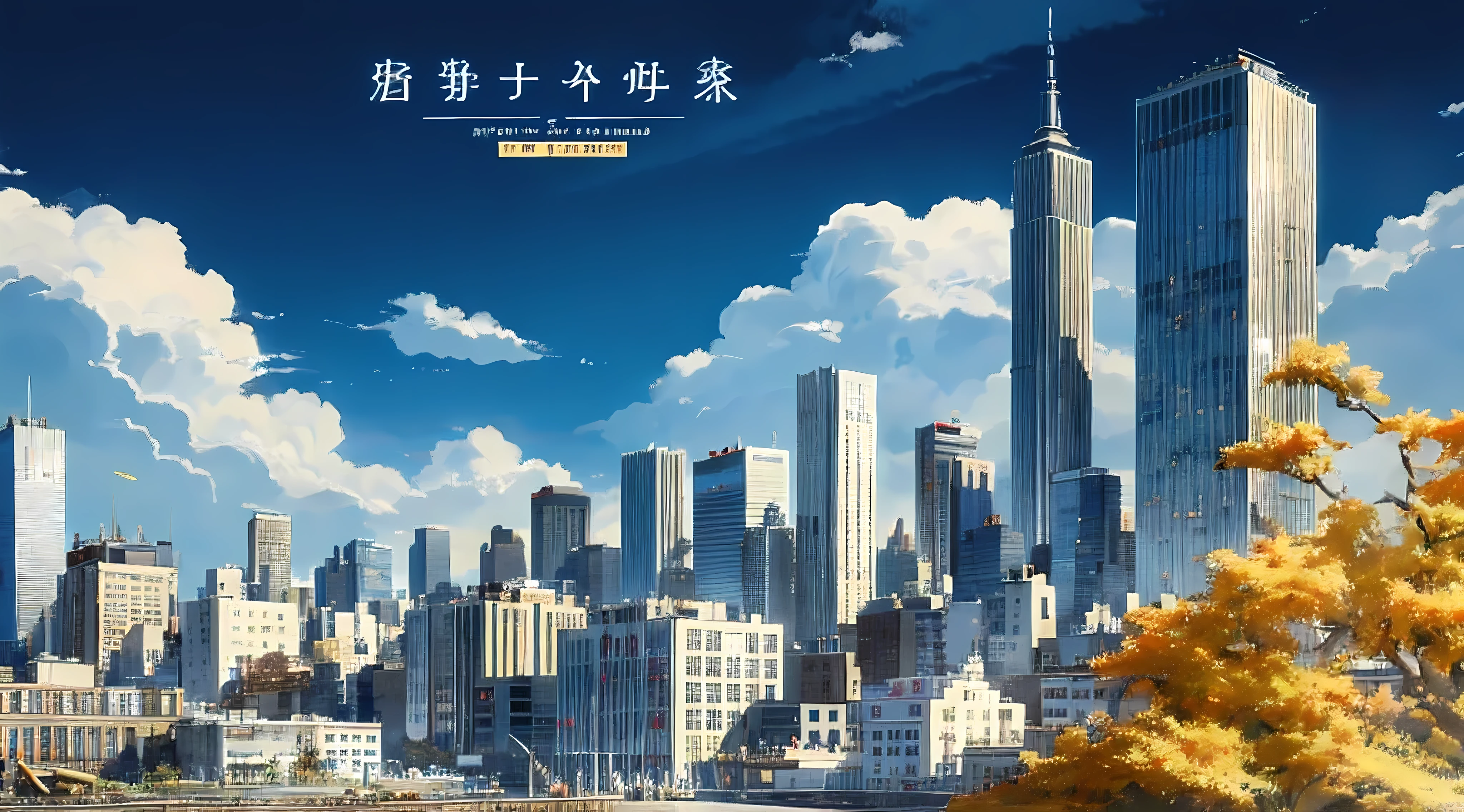 (masterpiece: 1.2, best quality), (Light) 3, 细致的anime style插画，There  a picture of the city，There  a bell tower in the middle, Full of Chinese ads, Xin Haicheng, anime style, modern architecture，New york times