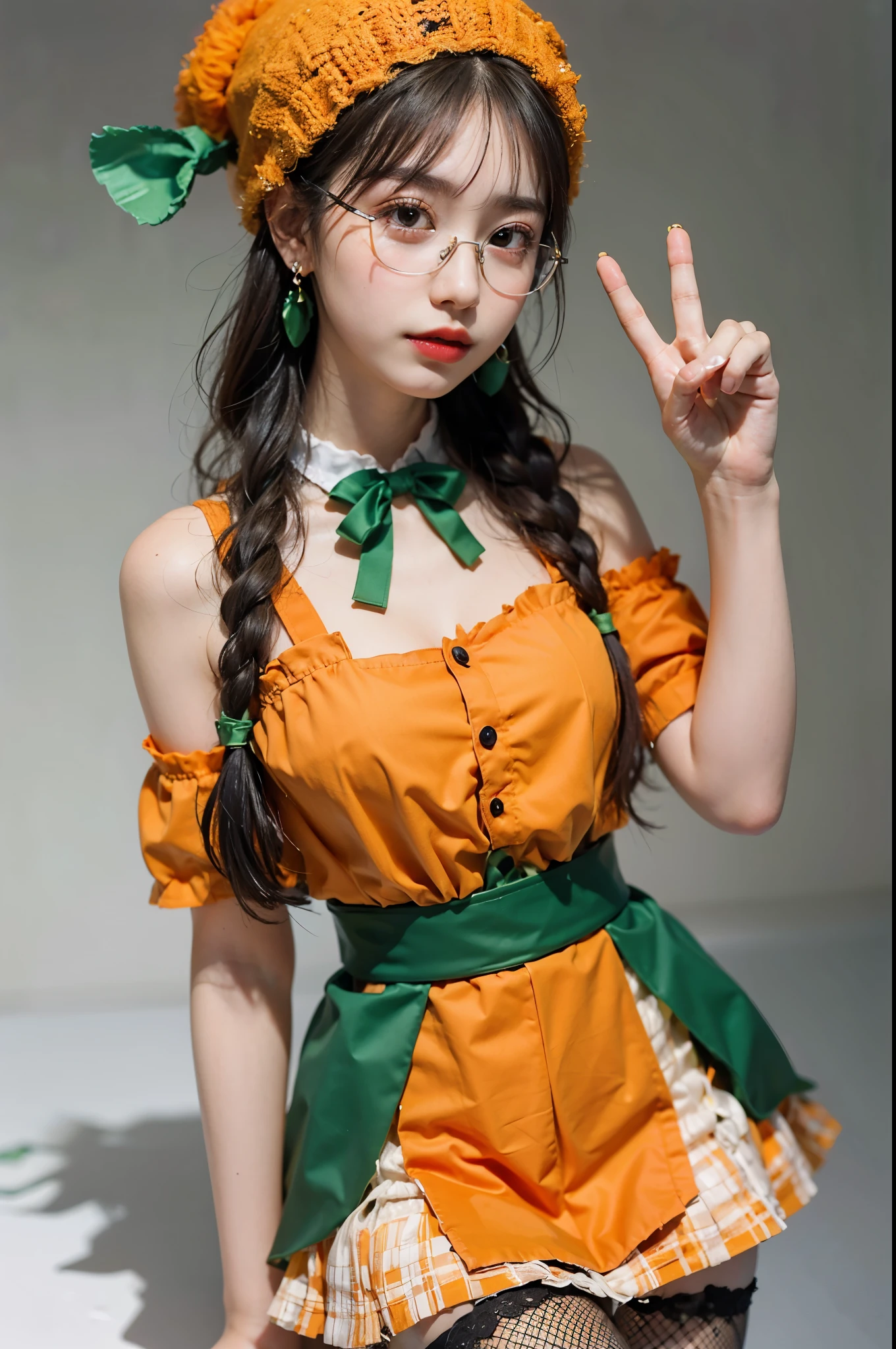 Top quality, one beautiful woman, 20 years old, 35mm lens, f/1, dark brown eyes, glasses, braids, black hair, pale skin, medium chest, slendar body, (white background:1.2), standing, (peace fingers:1.2), BREAK (highly saturated (orange, tangerine) and green theme:1.4), (tone on tone:1.3), (wearing tangerine [[crochet]] hat:1.4), (green ribbon:1.4), (sleeveless (orange:1.1) and (white:0.7) [polka dot pattern] sundress:1.4), (bare shoulders:1.3), (suspenders with ruffles:1.2), (green belt with ribbon:1.3), (orange tiered skirt with ruffles:1.3), (platform HIGH boots:1.1), (green ribbon on head:1.3), BREAK (fishnet stockings:1.3), (earrings shape of mandarin oranges:1.2)