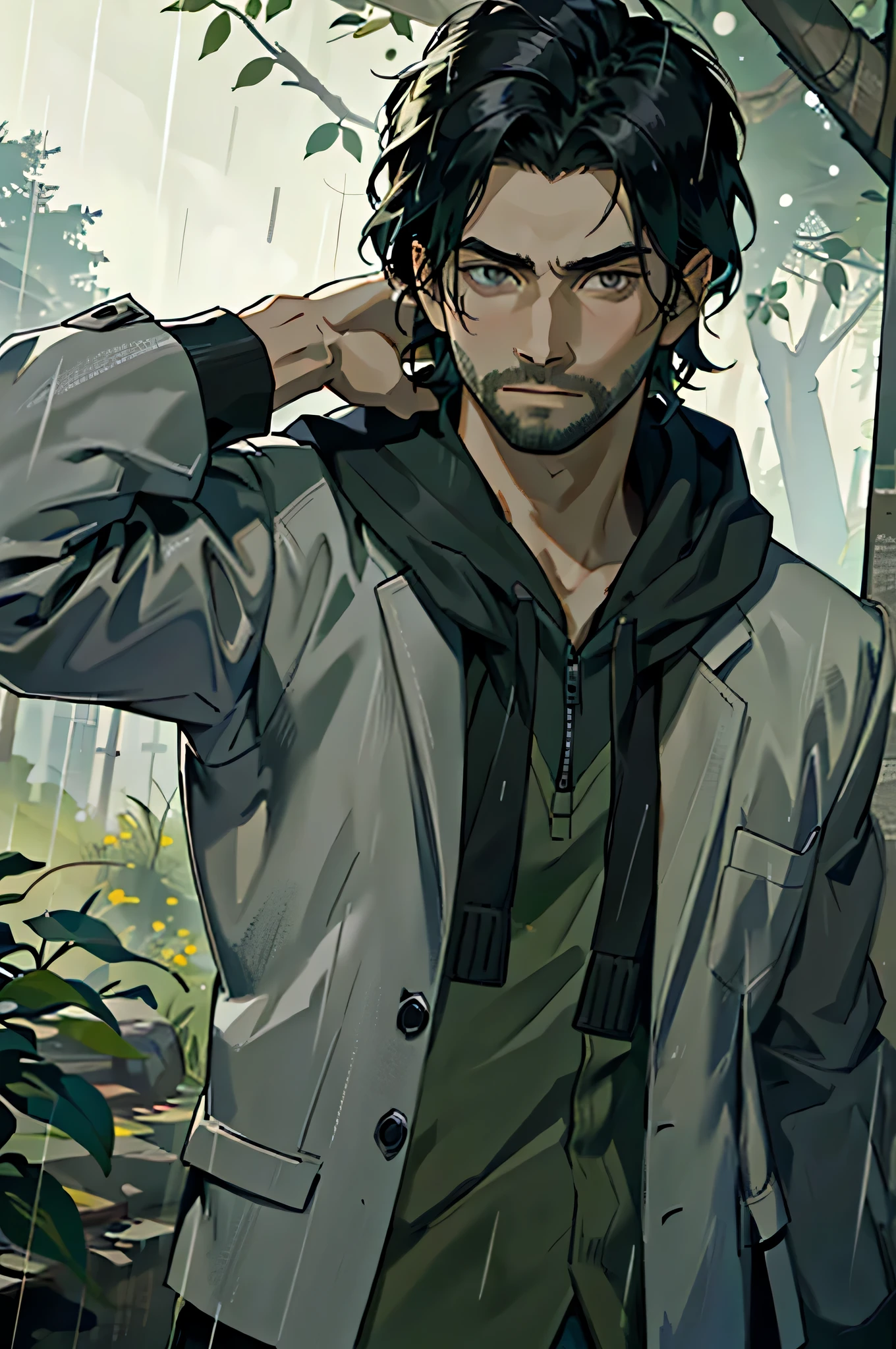 (masterpiece, highest quality:1.3)
 alone, 1 boy, male focus, rain, outside, forest, black hair, facial hair