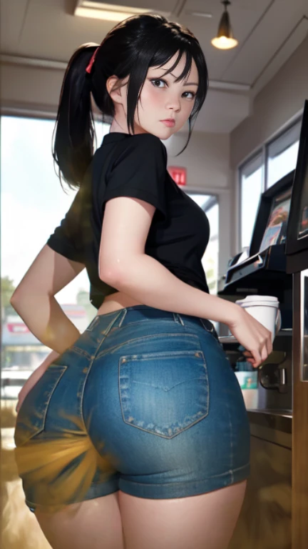 A woman in full-zip shorts eats a tlayuda at a taco stand Jeans have a belt With side slits Big Ass Upper body naked