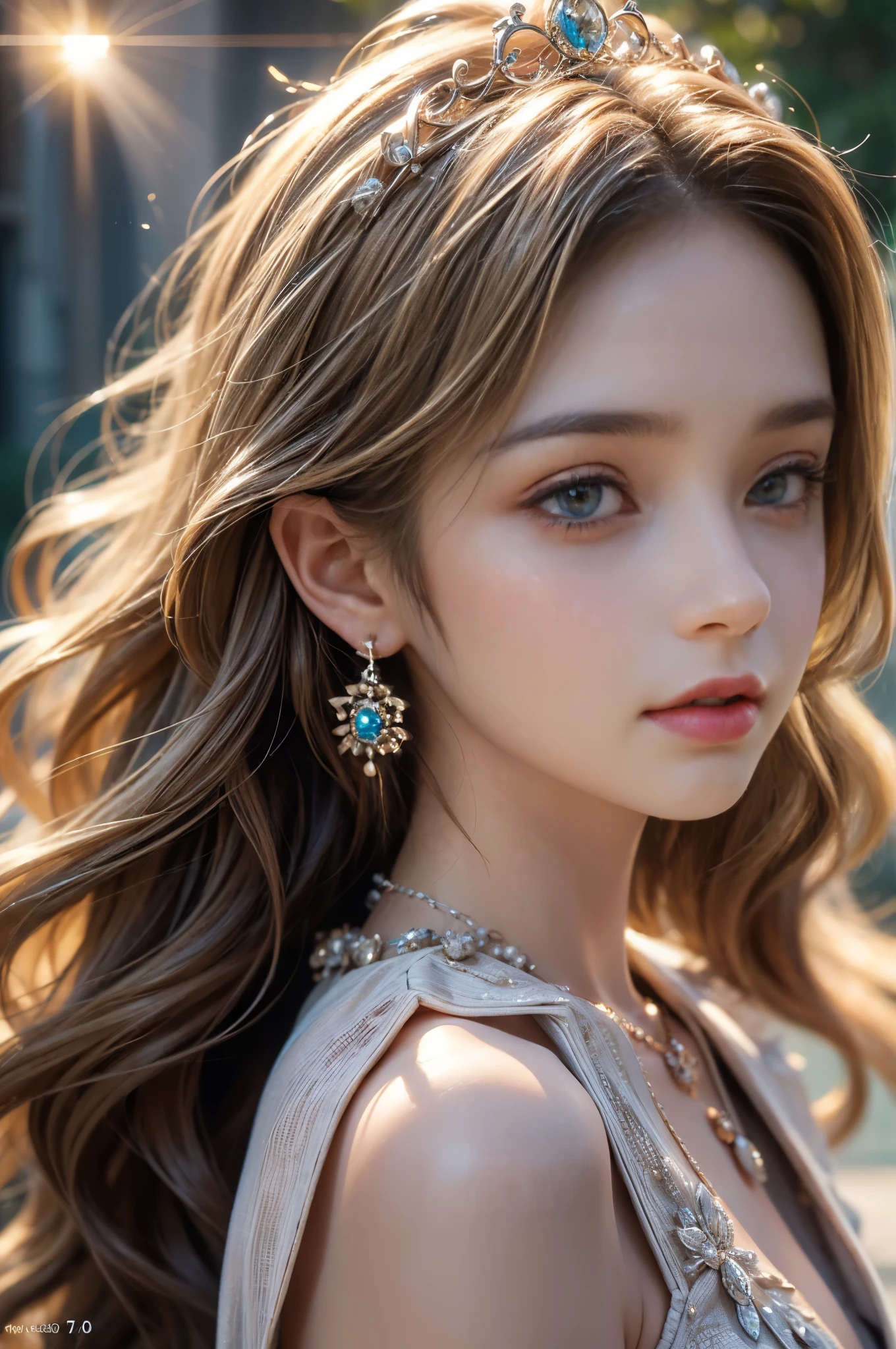 ((RAW shooting:1.5, realistic:1.5, 8K, highest quality, masterpiece, ultra high resolution)), Inside the luxurious British Royal Palace, professional camera work:1.3, Highly detailed skin and facial textures:1.3, glow light effect, Super detailed:1.3, cute 15 year old british princess, Fair skin, Glossy skin, (elegant:1.4, small face), Ultimate Cute Face:1.5, (cute eyes:0.9, looking far away), smile:1.0, (mouth is slightly open:0.4, Clean and refreshing taste:0.7), double eyelid, ((super long curly blonde hair)), tiara, necklace and earrings, ((elegantで光沢のあるサテンのプリンセスドレスをオフショルダーで正しく着こなす方法)), big breasts, cowboy shot, ((sunrise, sunlight shining from behind:1.6, Strong sunlight spreads across the screen:1.6)), ((Strong sunlight shines on a woman:1.7))