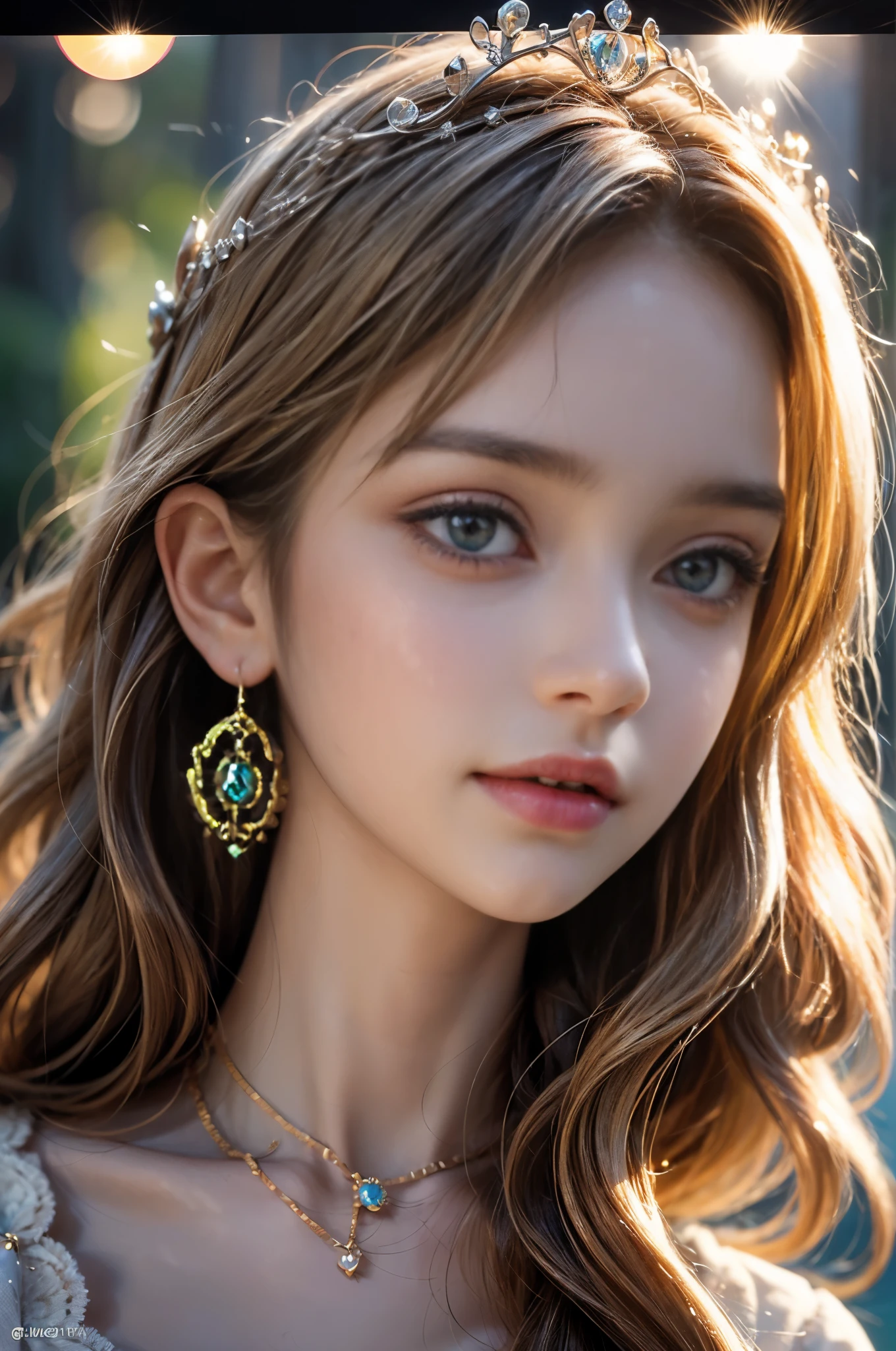 ((RAW shooting:1.5, realistic:1.5, 8K, highest quality, masterpiece, ultra high resolution)), Inside the luxurious British Royal Palace, professional camera work:1.3, Highly detailed skin and facial textures:1.3, glow light effect, Super detailed:1.3, cute  british princess, Fair skin, Glossy skin, (elegant:1.4, small face), Ultimate Cute Face:1.5, (cute eyes:0.9, looking far away), smile:1.0, (mouth is slightly open:0.4, Clean and refreshing taste:0.7), double eyelid, ((super long curly blonde hair)), tiara, necklace and earrings, ((elegantで光沢のあるサテンのプリンセスドレスをオフショルダーで正しく着こなす方法)), big breasts, cowboy shot, ((sunrise, sunlight shining from behind:1.6, Strong sunlight spreads across the screen:1.6)), ((Strong sunlight shines on a woman:1.7))