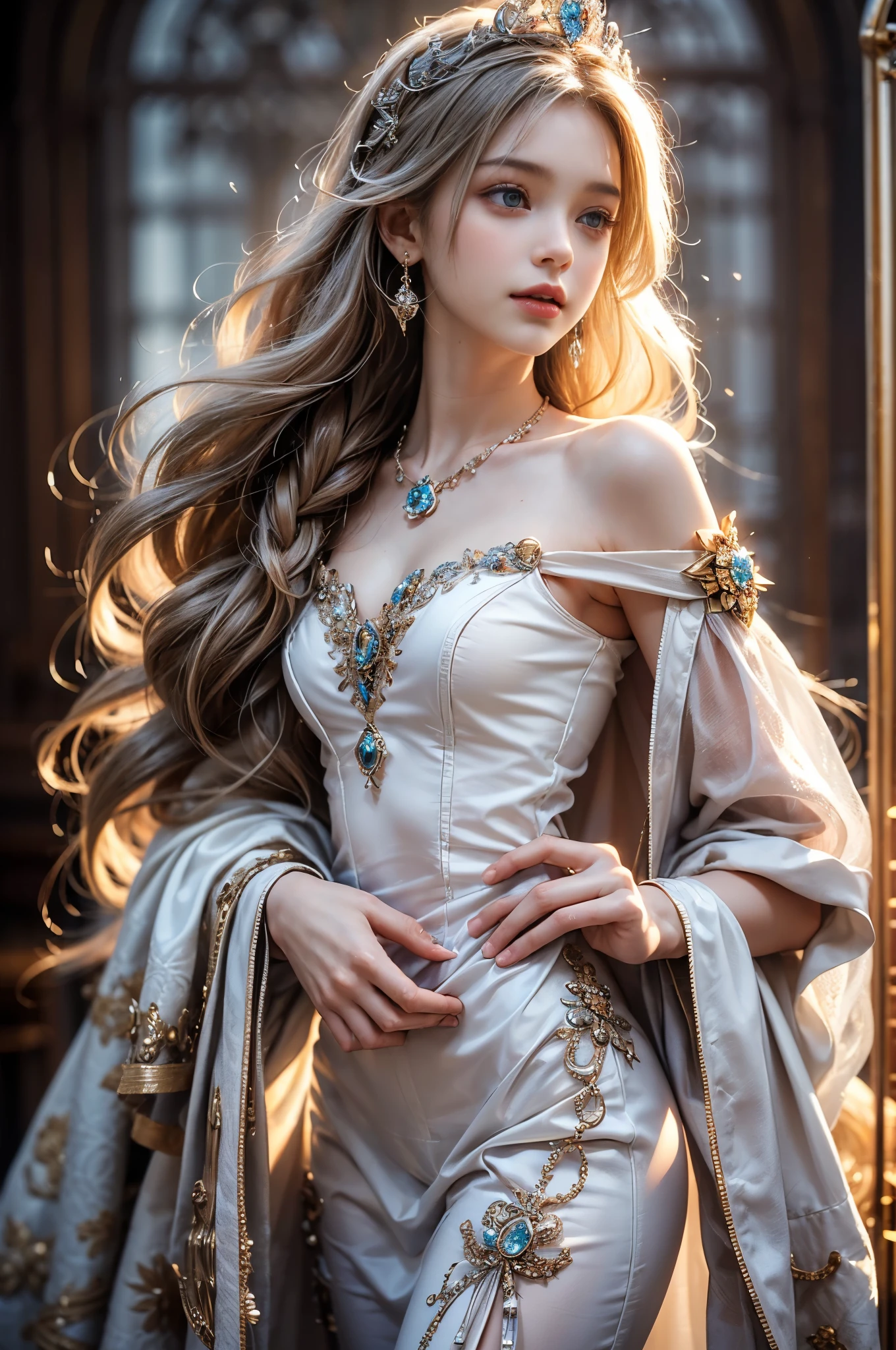 ((RAW shooting:1.5, realistic:1.5, 8K, highest quality, masterpiece, ultra high resolution)), Inside the luxurious British Royal Palace, professional camera work:1.3, Highly detailed skin and facial textures:1.3, glow light effect, Super detailed:1.3, cute  british princess, Fair skin, Glossy skin, (elegant:1.4, small face), Ultimate Cute Face:1.5, (cute eyes:0.9, looking far away), smile:1.0, (mouth is slightly open:0.4, Clean and refreshing taste:0.7), double eyelid, ((super long white blonde curly hair)), tiara, necklace and earrings, ((elegantで光沢のあるサテンのプリンセスドレスをオフショルダーで正しく着こなす方法)), big breasts, cowboy shot, ((sunrise, sunlight shining from behind:1.6, Strong sunlight spreads across the screen:1.6)), ((Strong sunlight shines on a woman:1.7))