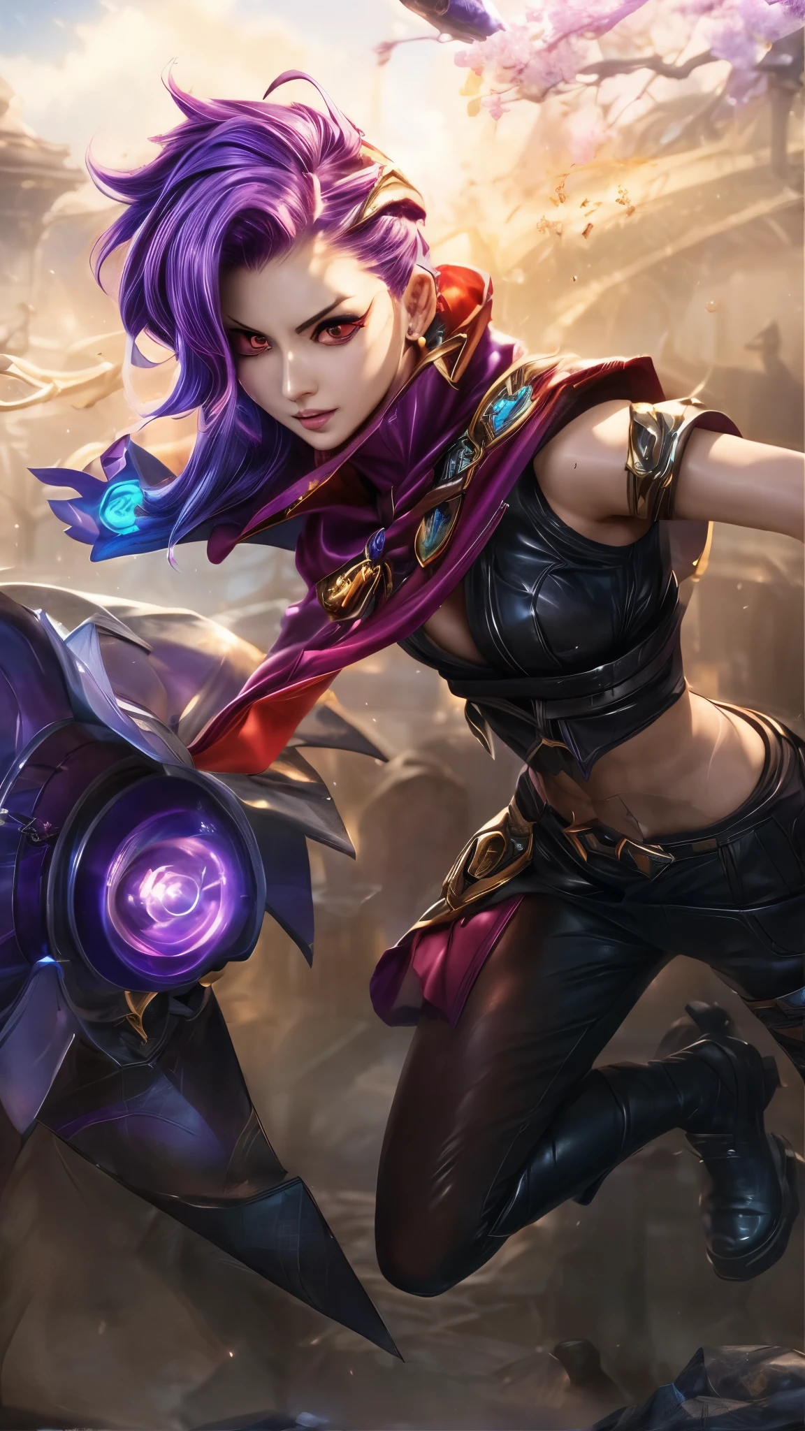 a woman with purple hair and a purple cape holding a sword, samira from league of legends, style artgerm, wild rift, league of legends character, ig model | artgerm, character splash art, official splash art, extremely detailed artgerm, leblanc, irelia, zenra taliyah, arcane jinx, iconic character splash art