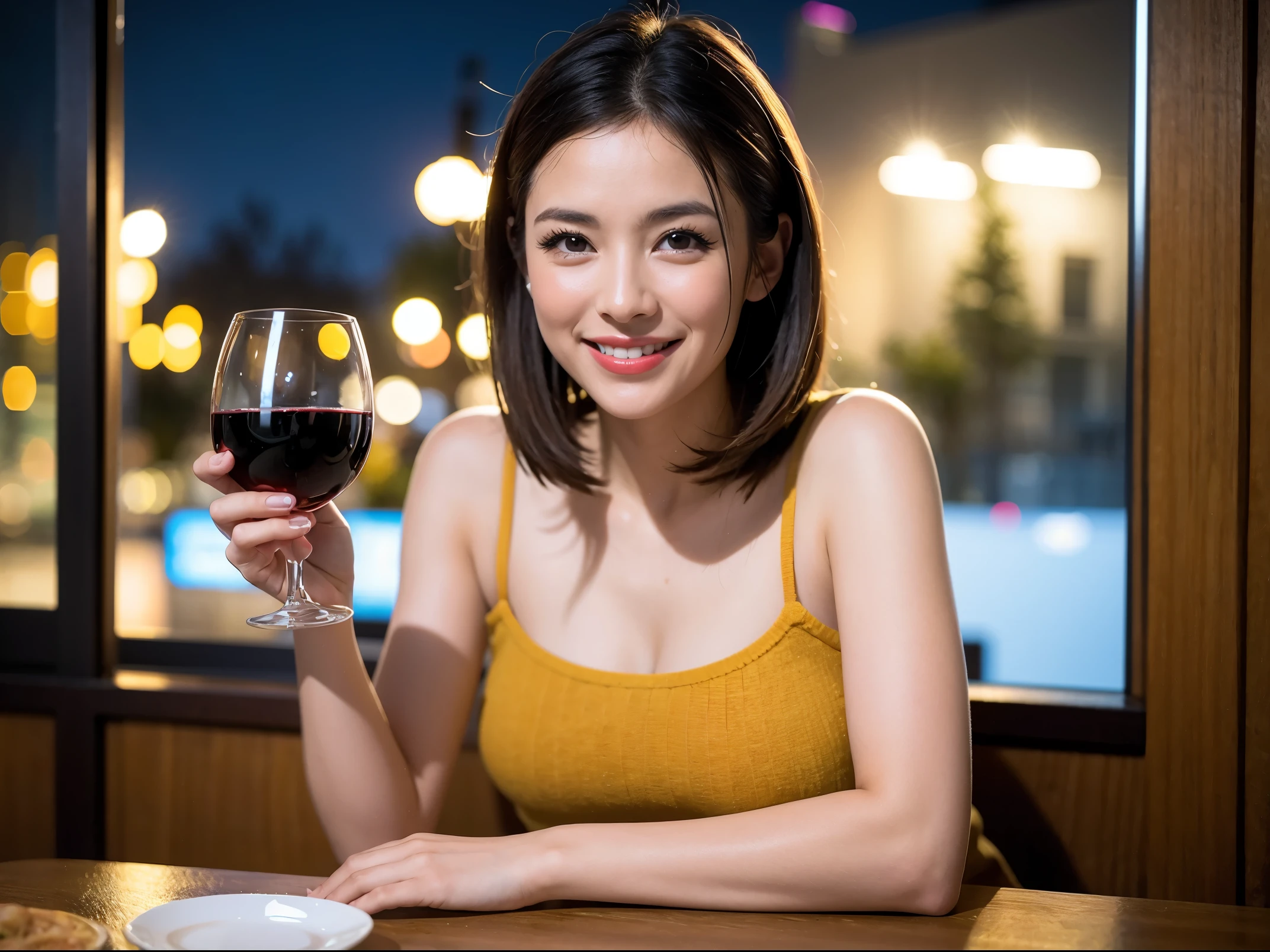 (64k included, nffsw, top quality, table top: 1.2), (realistic, realistic: 1.37), pretty woman 1, (slimフェイス), (slimボティ), (brown hair), (shortcut), Colombian、Brazilian、Japanese、Italian、German、Belgian、Spaniard、American、French、cheeks blush a little, (40 years old), 38 years old, alone, 窓の外には美しく緻密なnight景が広がります......., restaurant, wine glassに座って, nightに, in a prominent place (from the waist up) nova frog style, actress, model, waist up, White wine, slim, wine glass, とてもきれいなnight景, 真ん中に置かれたwine glass, smile, (smile: 1.15), beautiful and fine eyes, Upper body, bust japan up, night, short, short, actress, model, waist up, White wine, slim, wine glass, とてもきれいなnight景, 真ん中に置かれたwine glass, smile,