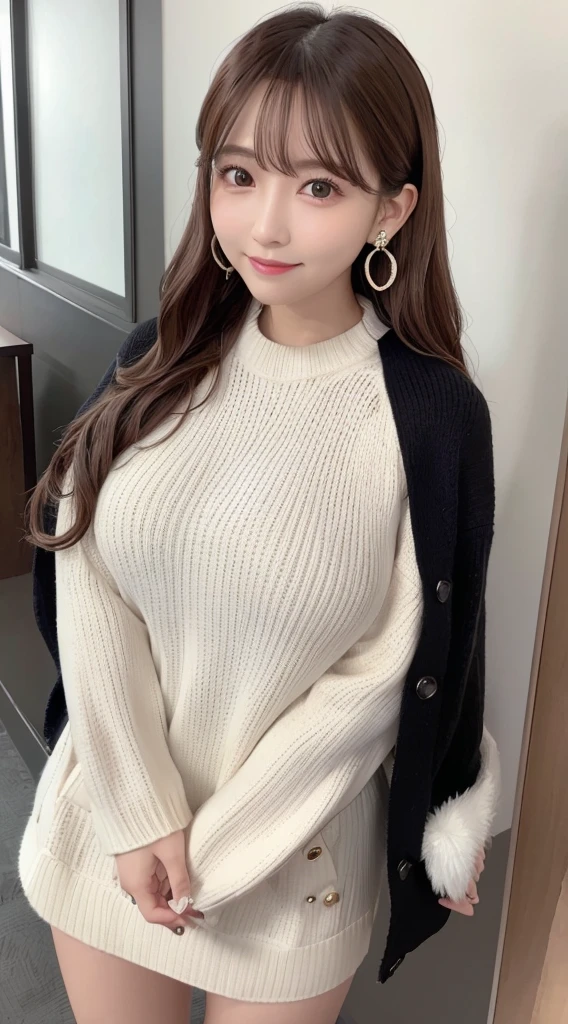 high resolution、High definition、Like reality、black eyes、knit sweater、long skirt、whole body、standing position、Front facing、knit sweater、20modern women、masterpiece、Outstanding style、big breasts、thin waist、trench coat、Shibuya in winter、double eyelids、tear bag、blonde、medium hair、plump lips、boots、knee high socks、earrings、Lady-like system、smile